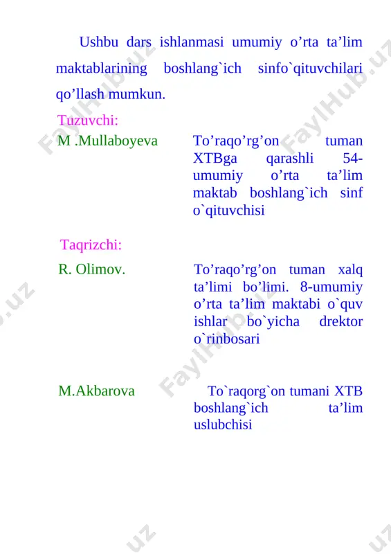 niq va ravshan ifodalay olish; tk-3. o‘rganilgan mavzu doirasida o‘qituvchi bilan birgalikda o‘quv masalasini (maqsadini) topa olish va ifodalay olish; o‘qishga va yangi bilimlarni egallashga qiziqa olish fk-1. 2-3 arifmetik amalli (qavsli, qavssiz) sonli ifodaning qiymatini hisoblay oladi; fk -2. yo‘l qo‘yilgan xato va noaniqliklarni topa oladi, ularni tuzata oladi; matematik mulohazalarni og‘zaki va yozma tarzda ifodalay oladi; dars turi: yangi tushuncha berish. metodi: aqliy hujum , mustaqil ish, zakovat, o`ylab top didaktik o`yinlari. jihozi: mavzuga oid ko’rgazma, tarqatmalar, test savollari, slaydlar darsning borishi. i tashkiliy qism. tashkiliy qismni o’tkazish 1. o’quvchilar davomatini aniqlash. 2. o’quvchilarni darsga tayyorgarligini aniqlash. 3. ma’naviyat daqiqasini o’tkazish. [image: c:\users\user\desktop\qish bo'lmasachi\slayd2.jpg] o`quvchilarni kasb tanlashga yo`naltiriladi. [image: d:\bluetooth\264417969_33992.jpg][image: d:\bluetooth\263839262_415973.jpg] [image: d:\bluetooth\264338982_89064.jpg][image: d:\bluetooth\264409365_89278.jpg] ii. o’tgan mavzuni so’rash va mustahkamlash. nazorat:uy vazifasini tekshirish, og’zaki so’rov, misol va masalalar yechish, tarqatmali savollar ustida ishlash. matematik diktant o`tkazish. 1. 22 bilan11 ning bo`linmasini aniqlang 2. 60 bilan 12 ning bo`linmasini …