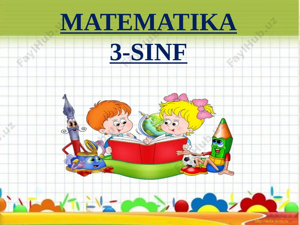 rsatilgan chizmani toping. – 1- maktabga -446 ta darslik, badiiy kitob -164 ta 2- maktabga - ?, ↑ 2 marta ortiq yechish: 446+164=610*2=1220 (ta) javob: 2-maktabga 1220 ta darslik va badiiy kitob keltirilgan radiusi=25 mm diametr=2*25=50(mm) 3 - masala radiusi 25mm bo’lgan doira chizing.doira diametrining uzunligini toping 1) 810 : 9 · 8 + 40= 90*8+40=720+40=760 2) 400 – 320 : 4 · 2=400-80*2=400-160=240 3) 90 · 4 : 3 – 116 = 360:3-116=120-116=4 4) 180 + 120 : 6 + 4 =180+20+4=200+4=204 4 - misol qanday qilib 3 litrli va 5 litrli idishlar yordamida hovuzdan 1 litr suv olish mumkin? yechish: 3 litrlikda suvni olib 5 litrlikka quyamiz, yana 3 litrlikda suv olib 5 litrlik idish to’lib ,3 litrlikda 1 litr suv qoladi. 5-masala uyga vazifa 67-bet,6-misol. 68-bet 7-masala. rasm asosida masala tuzing va yeching image3.jpg image4.png image5.png image6.png image7.png image8.png image9.jpg image10.png image11.png image12.png image13.emf