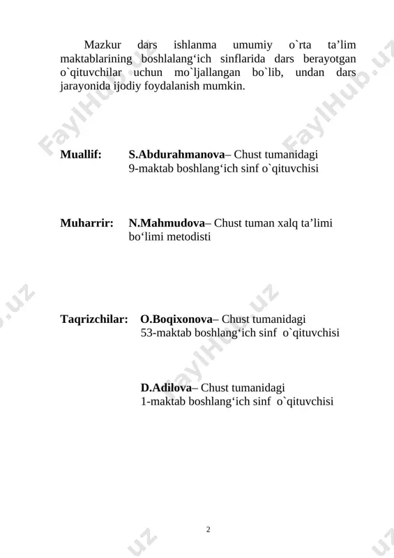 sonning tarkibini aniqlay oladi; tarbiyaviy:yurt tinchligi, xalq farovonligi, millatlararo totuvlik, diniy bag’rikenglik tushunchalarining mazmunini tushuntirish, mehmondo’stlik fazilatlarini singdirish. t.k.3. o‘qituvchi bilan birgalikda yo‘l qo‘yilgan xato va noaniqliklarni topa olish, ularni tuzata olish; t.k.4 muammo va tushunmovchiliklar ro‘y bergan paytlarda o‘zini tutishi to‘g‘risida to‘g‘ri qaror qabul qila olish; rivojlantiruvchi:yangi dars texnologiyalari orqali o’quvchilardagi fikriy bog’liqlikni, mantiq va xotiraning rivojlanishiga imkoniyat yaratish, qandaydir muammoni hal qilishda o’z fikrini ochiq va erkin ifodalash mahoratini shakllantirish. f.k.2. o‘qituvchi bilan hamkorlikda masalaning yechimini topish rejasini tuza oladi, tuzilgan reja asosida ishlay oladi va o‘z faoliyatini to‘g‘rilab oladi. darsning turi:yangi bilim beruvchi: darsning metodi: suhbat, mustaqil ishlash, bahs-munozara, ko‘rsatmalilik, amaliy. darsning jihozi: darslik, chizg'ich, mavzuga doir plakatlar, tarqatmalar, kompyuter, slayd. darsning borishi: i. tashkiliy qism: a) salomlashish; b) navbatchining axboroti; menman ustoz navbatchi bugun sizga yordamchi sinfda hammamiz jam xonamiz toza, bekam bilim olishga mushtoqmiz yuksak cho’qqi parvozmiz s) sinf tozaligini nazorat qilish. ma’naviy daqiqa o’tkazish. …
