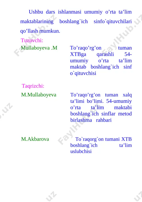 atamalarning ma’nosini tushunib, to‘g‘ri o‘qiy olish; so‘z va gaplarni bog‘lagan holda o‘z fikrini aniq va ravshan ifodalay olish; tk-3. o‘rganilgan mavzu doirasida o‘qituvchi bilan birgalikda o‘quv masalasini (maqsadini) topa olish va ifodalay olish; o‘qishga va yangi bilimlarni egallashga qiziqa olish fk-1. 2-3 arifmetik amalli (qavsli, qavssiz) sonli ifodaning qiymatini hisoblay oladi; fk -2. yo‘l qo‘yilgan xato va noaniqliklarni topa oladi, ularni tuzata oladi; matematik mulohazalarni og‘zaki va yozma tarzda ifodalay oladi; dars turi: yangi tushuncha berish. metodi: aqliy hujum, tezkor savol javob, didaktik o`yinlar mustaqil ish. jihozi: mavzuga oid ko’rgazma, tarqatmalar, tezkor savollari. darsning borishi: i.tashkiliy qism: o`qituvchi: -assalomu- alaykum,aziz bolajonlarim,yaxshi yetib keldingizmi. darsga tayyor bo`ldingizmi? o`quvchilar: -tayyormiz. o`qituvchi: kayfiyatlar qanday? o`quvchilar: a`lo. o`qituvchi: dars davomida sizlarga omad tilayman. o`quvchilar: rahmat. o`qituvchi: qani menga aytingchi, sinfda kim navbatchi? navbatchi hisoboti tinglanadi. bugun hafta kunining beshinchisi bo`libdi. alloh ushbu kuniga katta nazar solibdi. yaxshilik farishtasi yer yuzida qolibdi. barcha ezgu-niyatlar ushbu …