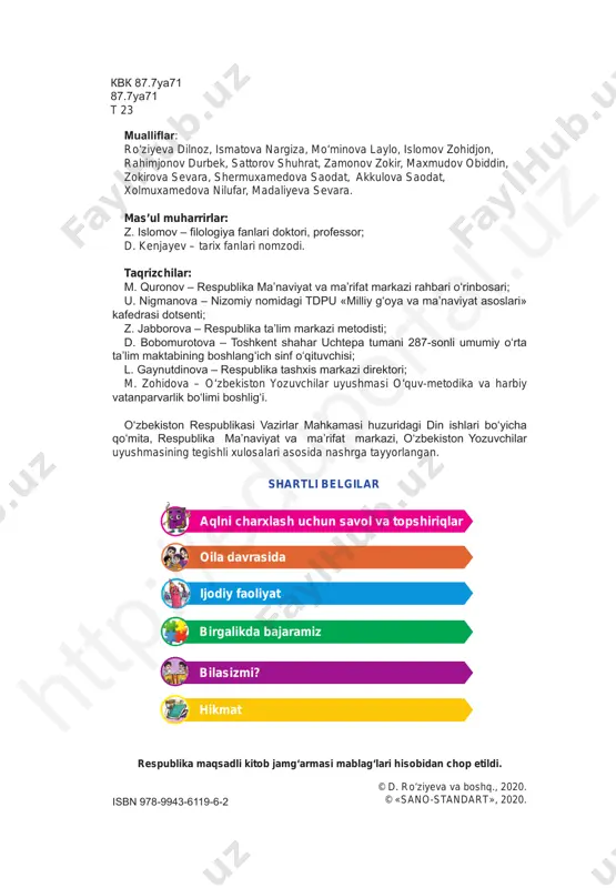 lishiga xalaqit qilmaslik xavfsizlik qoidalariga rioya qilish oshxonada tartibga rioya qilish htt p:/ /ed up ort al. uz 4 i bob. orzular maqsadlar sari yetaklaydi 1-mavzu: munosib farzand i bob mana, orziqib kutilgan kun ham keldi. turkiyada o‘tkaziladigan fan olimpiadalariga o‘quvchilar bir necha oy tayyorlanishdi. aero- portda ota-onalari ularga yaxshi tilaklar bildirishdi. – siz vatanimizga munosib farzand bo‘lishingiz kerak, albatta, g‘alaba bilan qayting, – deya duo qilishdi kattalar. turkiyada o‘tkazilgan olimpiadada ozarbayjon, qozog‘iston, qirg‘iziston, rossiya, turkiya, ukraina va boshqa davlatlardan 500 nafar o‘quvchi ishtirok etdi. tinimsiz mehnat, muntazam darslar, yaqinlarining yordami bilan ular g‘alaba qozonishdi. orzular maqsadlar sari yetaklaydi 1. «munosib farzand» deganda nimani tushunasiz? 2. oilangizga munosib farzand bo‘lish uchun nima qilish kerak deb o‘ylaysiz? 3. vatanimizga munosib bo‘lish uchun qanday inson bo‘lish kerak? 4. o‘z ota-onangizga munosib farzand bo‘lish uchun nimalar qilyapsiz? aqlni charxlash uchun savol va topshiriqlar htt p:/ /ed up ort al. uz 5 tarbiya, 3-sinf …