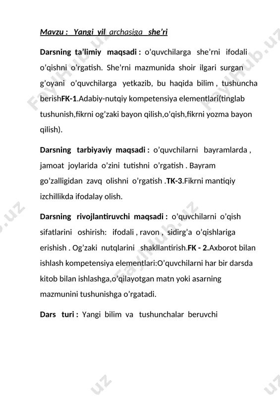 darsingizga tayyormiz . o’qituvchi : xo’sh qani o’quvchilar ? sinfda kim navbatchi , ham xabarchi , ham jarchi. navbatchi o’quvchi : sinfda men navbatchi , ham xabarchi ham jarchi . bizlar 3 d sinfmiz, beshta kam o’ttiz ikki. qizlar sakkiz juft bo’lsak, yigitlar toqmi yo juft . navbatdagi o’quvchi xattaxtani oldiga kelib qizlarni sakkiz juftidan 8 ni ,yigitlarni o’n biridan 10 ni xattaxtaga yozadi . o’qituvchi nima uchun bu raqamlarni xattaxtaga yozilganini o’quvchilardan so’raydi . o’quvchi : 8 – dekabr o’zbekiston respublikasi konstitutsiyasi qabul qilingan kun .konstitutsiyamiz 6 bob , 26 bo’lim , 128 moddadan iborat . o’quvchi : bosh qomus kitobimiz dilshod rajab kitoblar ko’p dunyoda , bir – biridan ziyoda . nur sochar misli oftob , bizning bosh qomus kitob . har so’zida ming ma’no , ham mehr , ham qudrat jo . qadrlidir doimo , bizning bosh qomus kitob . o’quvchilar 1 – modda , 5 – …