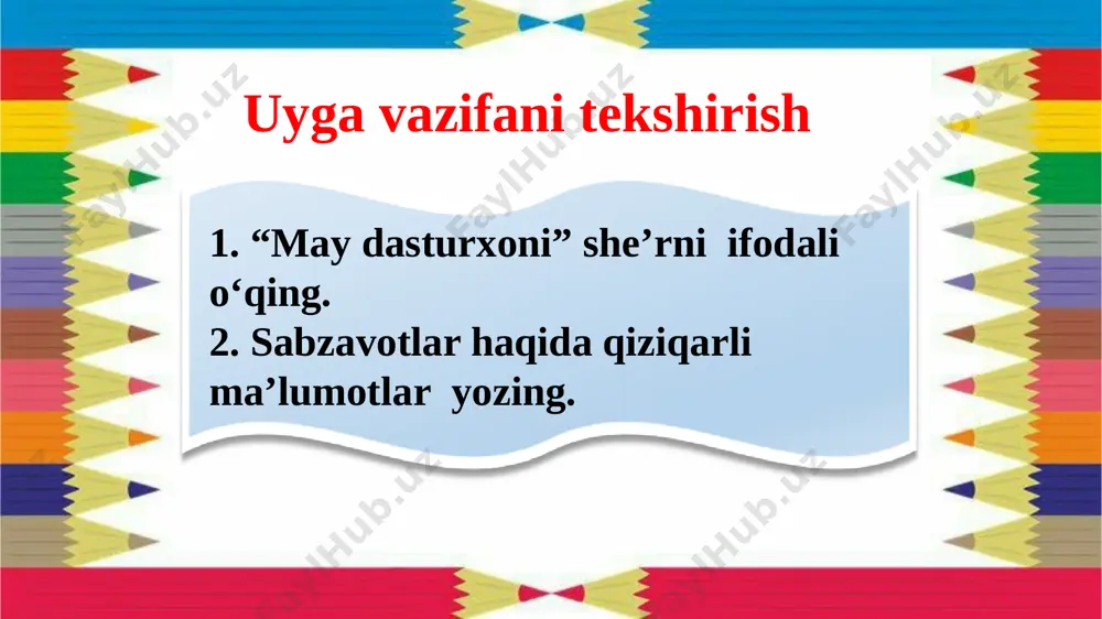 i. bir necha bola og‘ir yarador bo‘ldi” ushbu parcha qaysi hikoyadan? hikoya qaysi davlatda bo‘lgan voqea asosida yaratilgan ekan? ushbu parcha “do‘stlik bahosi” hikoyadan olingan hikoya vyetnam davlatda bo‘lgan voqea asosida yaratilgan. 5-topshiriq kavsar turdiyevaning “ahillik ko‘chasi” nomli she’riy parchasida almashib qolgan so‘zni toping barcha-barcha ko‘chalar, urishganlar qanchalar. havas bilan so‘zlashar, bizga kelgach yarashar barcha-barcha ko‘chalar, urishganlar nechalar. havas bilan qarashar, bizga kelgach yarashar 5-topshiriq ushbu rasm qaysi hikoya qahramonlari? oq tumshuq jasorati hamidulla murodov 5-topshiriq bobo nabirasiga elining uzoq tarixida yuz bergan bir voqeani aytib bergani haqidagi hikoyaning nomi va muallifini ayting. vatan haqida qo‘shiq ulug‘bek hamdam uyga vazifa 1. do‘stlik va tinchlik haqida maqol yozing. 2. “tinchlik- oliy ne’mat” mavzusida hikoya yozing. image1.jpeg image2.jpeg image3.png image11.jpeg image4.jpeg image5.jpeg image6.jpeg image7.jpeg image8.jpeg image9.jpeg image10.jpeg image12.jpeg image13.jpeg image14.jpeg image15.jpeg image16.jpeg image17.png image18.png image19.png image20.jpeg image21.jpeg image22.png image23.png image24.png image25.jpeg