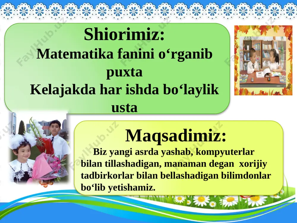 bo‘lingki, har bir bo‘lakdagi sonlar yig‘indisi bir xil bo‘lsin. o‘tilgan mavzuni mustahkamlash test 1. 6 soat necha minut? a) 60 min b) 120min d)360 min e)180 min 2. 5 minut necha sekund? a) 5 s b) 300 s d) 30 s e) 300h 3. 2 sutka necha soat? a) 60min b) 24h d) 48 h e) 120 min 4. 24 soat necha sutka? a)1d b) 2d d) 60 min e) 24 min 5. 240 minut necha soat? a) 5 h b) 6 d d) 4 h e) 5 d uyga vazifa berish. 7-8-topshiriqlar image3.gif image4.gif image5.gif image6.jpeg image7.jpeg image8.gif image9.gif image10.gif image11.gif image12.jpeg image13.gif image1.jpeg image2.png