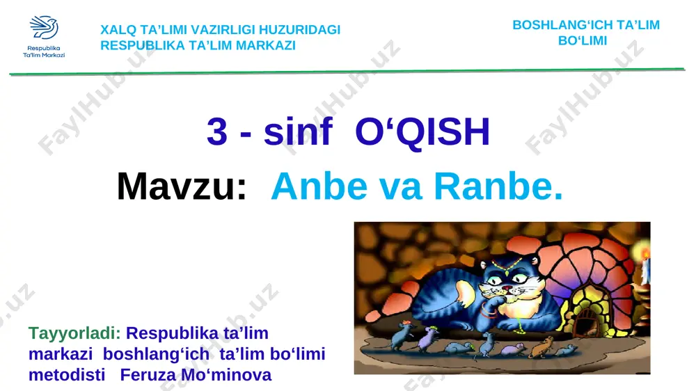 zlarga bo‘lgan munosabatimni o‘zgartirishga ahd qildim. endi mendan qo‘rqmanglar. faqat sizlardan birgina talabim bor: har kuni ikki mahal saf tortib oldimdan o‘tib turasizlar. men sizlarga tegmaslikka so‘z beraman. mushukning va’dasini eshitib, sichqonlar o‘zlarida yo‘q quvonishibdi va uning shartiga darrov rozi bo‘lishibdi. mushuk uyning bir burchagiga joylashib olibdi. sichqonlar ta’zim qilib, uning oldidan bittabitta o‘ta boshlashibdi. nihoyat, uning oldidan oxirgi sichqon ta’zim qilib o‘tib borayotgan ekan, mushuk shappa uni tutib olibdi-da, paqqos tushiribdi. avval o‘tib ketgan sichqonlar hech narsani sezishmabdi. sichqonlar shu tariqa kamayib boraveribdi. “sinkveyn” metodi mushuk sut ichadi mushuk ayyor miyovlaydi,oziqlanadi. hayvon o‘tilgan mavzuni mustahkamlash darsni mustahkamlash uchun o‘quvchilarga test topshiriqlari beriladi. . test topshiriqlari 1. mushuk qanday hiyla ishlatdi? ikki qator saf bo‘lib o‘tish tegmaslikka so‘z berishi va’daga ishontirishi 2. sichqonlar qanday kamayib boradi? bittadan o‘tishi oxirgisini tutishi hech kimga sezdirmasligi . 3. to‘dada qanday mushuklar bor edi? tom va jerri popuk va mosh anbe va ranbe 4. …