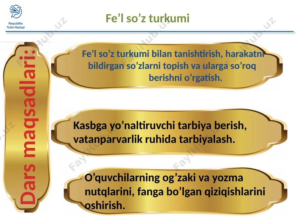 yyorlaydilar. qurilish materiallari maxsus mashinalarda tashiladi. koʻtarma kranlar ularni quruvchilarga uzatadi, quruvchilar esa uy devorlarini bir-biriga ulaydilar. ishchilar nima qildilar? materiallar nima qilinadi? kranlar nima qiladi? quruvchilar nima qiladilar? 9 topshiriq. “ortiqchasini top” oʻyini. (berilgan soʻzlarni diqqat bilan oʻqing va qatorga tegishli boʻlmagan soʻzni aniqlang. nima uchun ortiqcha ekanligini tushuntiring.) 3. yordamlashdi, sayyora, tushdi, yaratdi. 2. boryapti, keldi, daftar, yozadi. 1. suzadi, otdi, chiroyli, shovulladi. 10 savollarga javob bering. 1. fe’l deb nimaga aytiladi? 2. fe’l qaysi soʻroqlarga javob boʻladi? 3. fe’l gapda qaysi boʻlak vazifasida keladi? 4, 11 uyga vazifa. 303-mashq. ajratib koʻrsatilgan soʻzlarga soʻroq bering. inson ajoyib texnika yaratdi. qudratli texnika uni koinotga koʻtardi. odam texnika tufayli dengiz tubiga ham tushdi. texnika kishilar yumushini yengillashtirdi. 12 keyingi darsda ko‘rishguncha… 13 image1.png image2.png image3.png image4.png image5.jpeg image6.png image7.png image8.png image9.png image10.png image11.png image12.png image13.png image14.png image15.png image16.png image17.png image18.png image19.png image20.png