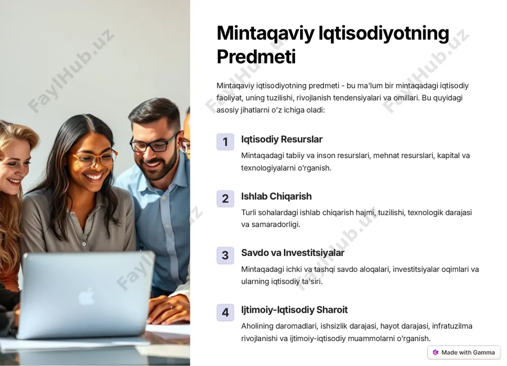 lish uchun samarali echimlarni topish. https://gamma.app/?utm_source=made-with-gamma mintaqaviy iqtisodiyotning vazifalari mintaqaviy iqtisodiyot mutaxassislari quyidagi vazifalarni bajaradi: 1 tahlil va baholash mintaqaning iqtisodiy holatini o'rganish, tahlil qilish va baholash. 2 prognozlash mintaqaning iqtisodiy rivojlanishi uchun prognozlarni ishlab chiqish. 3 strategiya ishlab chiqish mintaqaning iqtisodiy o'sishini rag'batlantirish va barqaror rivojlanishni ta'minlash uchun strategiyani ishlab chiqish. 4 siyosat tavsiyalari mintaqadagi iqtisodiy siyosatni takomillashtirish bo'yicha tavsiyalar berish. 5 hamkorlikni mustahkamlash mintaqadagi davlatlar va tashkilotlar o'rtasidagi iqtisodiy hamkorlikni mustahkamlashga ko'maklashish. https://gamma.app/?utm_source=made-with-gamma mintaqaviy iqtisodiyotning ahamiyati mintaqaviy iqtisodiyotni o'rganish quyidagi jihatlarga muhim ahamiyatga ega: rivojlanishni rejalashtirish mintaqaviy iqtisodiyotni chuqur tushunish rivojlanishni rejalashtirish, investitsiyalarni jalb qilish va iqtisodiy o'sishni rag'batlantirish uchun asos yaratadi. siyosatni shakillantirish mintaqaviy iqtisodiyot ma'lumotlariga asoslangan siyosat qarorlarini qabul qilish va iqtisodiy muammolarni hal qilishda yordam beradi. investitsiyalarni jalb qilish mintaqaviy iqtisodiyotning o'rganilishi xorijiy va mahalliy investorlarni jalb qilish uchun kerakli ma'lumotlarni taqdim etadi. ishlab chiqarishni takomillashtirish mintaqadagi ishlab chiqarishni takomillashtirish, yangi ish o'rinlari yaratish va …