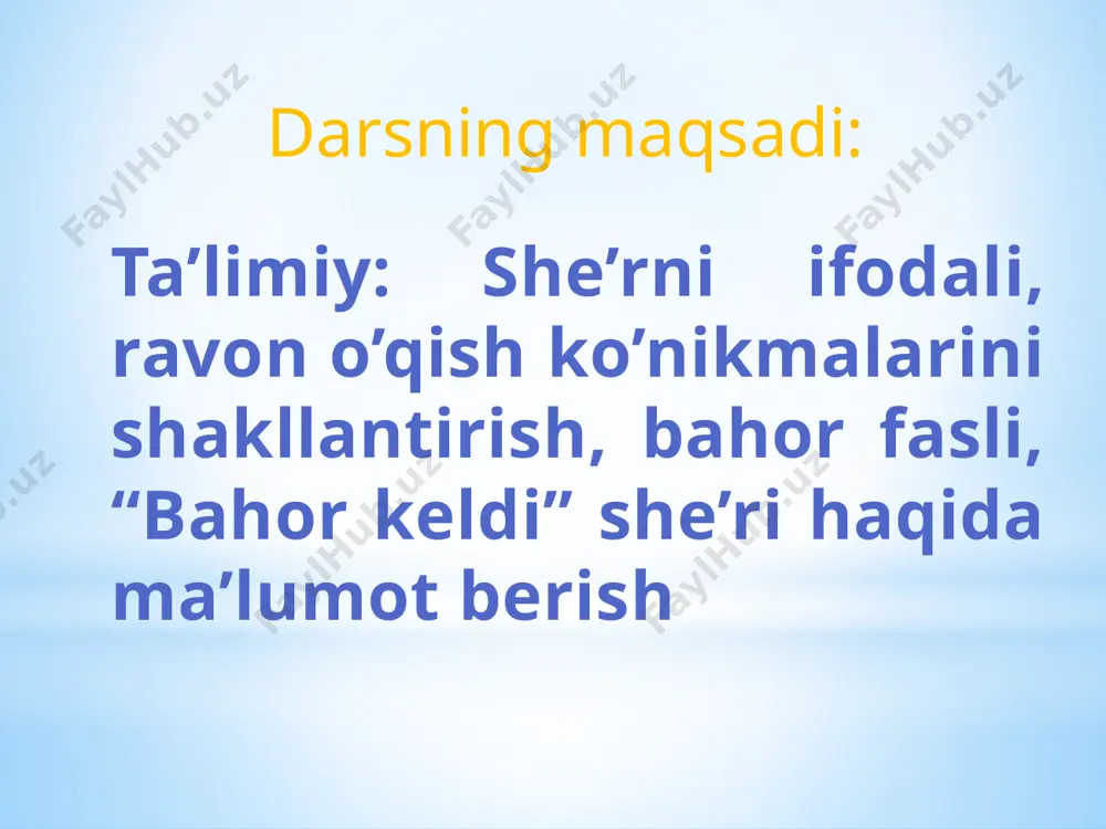 o`stlar» nomli she’riy kitobi 1970 yilda hamza nomidagi respublika davlat mukofotiga sazovor bo`ldi. u 1977 yili o`zbekiston xalq shoiri unvoni bilan taqdirlandi. bolalarning buyuk va kamtarin shoiri quddus muhammadiy 1997 yil 22 iyunda toshkent shahrida vafot etdi. yangi mavzuning bayoni qo’llarida soz bilan, gulg’uncha parvoz bilan, silkinib parvoz bilan, uchib turna g’oz bilan qadrdon bahor keldi. bahorni kuting bog’da, bog’ emas, dala,tog’da. maysa yashnagan chog’da, qushlar sayrar butog’da, sevikli bahor keldi. har narsada o’zgarish, erib, oqib jo’nar qish. har yoqda yashnar turmush o’rik gulladi kumush, mehnat bahori keldi. bezanar maktab bog’i, gulga to’lib quchog’i. toshar hayot irmog’i, maktab dam olar chog’i, o’quvchi bahor keldi. o’tmasin go’zal fursat, qani g’ayrating ko’sat. imtihon, sinovga vaqt hozirmi, darslaring taxt hushyor bo’l bahor keldi. lug’at ishi chog’da – paytda butog’da – shoxda sevikli – sevimli jo’nar – ketar fursat - vaqt dam olish daqiqasi mavzuni mustahkamlash: assesment test bahor keldi she’ri kimning qalamiga mansub. …