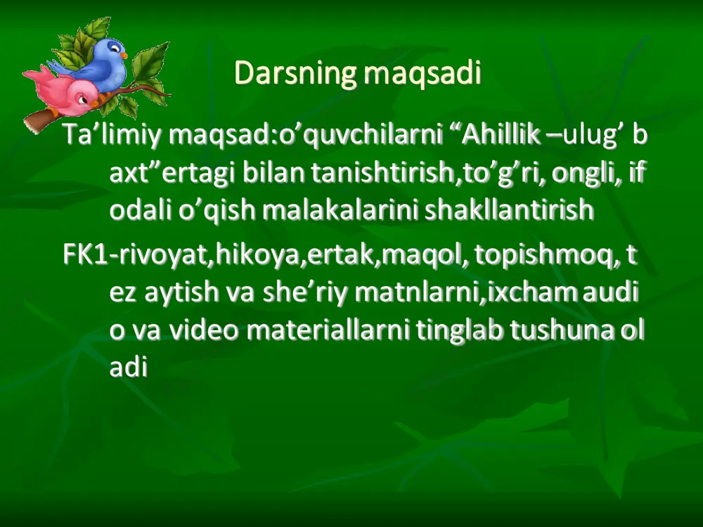 maydi, - debdi.  chol oradan sal o’tmay olamdan o’tibdi. o’g’il lari esa inoq yashay boshlashibdi. kichiklari k attalarining so’ziga quloq soladigan, hamma lari ishlab, bir-birlariga ko’maklashadigan b o’lishibdi.  shundan keyin xalq “ahillik – ulug’ baxt” naql ini tez-tez takrorlaydigan bo’libdi.  ahillik –ulug’ baxt mavzuni mustahkamlash 5 ta 6 ta 1.donishmand cholning nechta o’g’li bor edi 7 ta dono ishyoqmas 2.gapni to’ldiring:”aqlli cholning o’g’illari xo’p… bo’lib o’syapti.” ahmoq tog’ga cho’lga chol qayerga borib novdalar qirqib kelibdi? o’rmonga cho’plarni bitta novdani o’g’illari nimani sindira olmadilar? dastalangan novdalarni omad boylik maqolni to’ldiring: “ahillik –ulug’…” baxt molodets! vazifa: “ahillik- ulug’ baxt”ertagini o’qib, qay ta hikoyalashga tayyorlanib kelish e’tiboringiz uch un rahmat