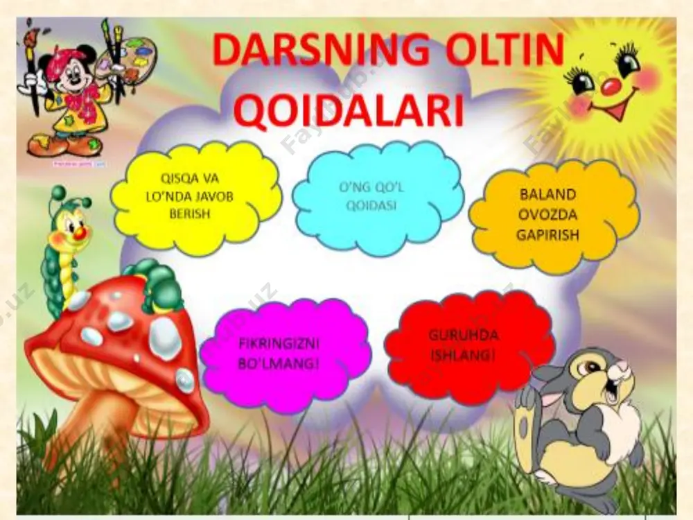 ‘rganilgan mavzu doirasida o‘qituvchi bilan birgalikda o‘quv masalasini (maqsadini) topa olish va ifodalay olish; o‘rganilgan mavzu doirasida xususiy misollar va kuzatishlar tahlili asosida obyektlar umumiy hossalarini aniqlay olish; fk-1. o‘rganilgan matematik tushunchalarni qabul qila oladi, tegishli misollar keltira oladi;2-3 arifmetik amalli (qavsli, qavssiz) sonli ifodaning qiymatini hisoblay oladi; fk -2.o‘rganilgan matematik tushunchalar, faktlar va algoritmlarni o‘quv va kundalik vaziyatlarda qo‘llay oladi va yangi bilimlar hosil qila oladi; dars turi: yangi tushuncha berish.metodi: aqliy hujum , mustaqil ish. jihozi: mavzuga oid ko’rgazma, tarqatmalar, test savollari. darsning borishi. i tashkiliy qism.a) salomlashish, davomotni aniqlash, tozalikni tekshirish b) ma’naviyat daqiqasi kun yangiligi ii. o’tgan mavzuni so’rash va mustahkamlash. nazorat:uy vazifasini tekshirish, og’zaki so’rov, misol va masalalar yechish. baholash:uy vazifasining bajarilishi, mustaqil misollar bajarishiga qarab rag’batlantiriladi. iii yangi mavzu bayoni; shakllarning simmetriya o‘qini toping. 2. berilgan shaklda nechta uchburchak va nechta to‘rtburchak bor? shaklda nechta simmetriya o‘qini o‘tkazish mumkin? 3. tarozining ikki pallasiga tarozi …
