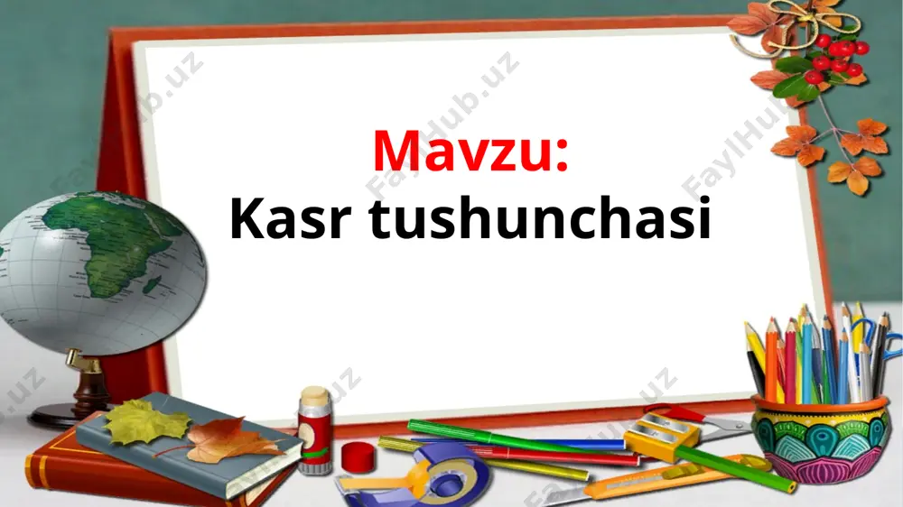 agiga butun nechta teng qismlarga bo‘linganini (bitta olma teng ikkiga bo‘lindi) ko‘rsatuvchi son yoziladi va kasr maxraji deyiladi. kasr chizig‘i ning ustiga bo‘lingan teng qismlardan nechtasi (bo‘lingan teng qismlardan bittasi) olingani yoziladi va kasr surati deyiladi. bo’sh o’tirma,bosh qotir teng yonli uchburchakning perimetri 19 cm. teng tomonlardan birining uzunligi 7 cm. uning qolgan tomonlari uzunligini toping 1-topshiriq 5 cm li to‘g‘ri chiziq chizing. uning simmetriya o‘qini toping. 1-topshiriq quyidagi jadvalda doira nechta teng qismga bo‘linib, ulardan nechtasi bo‘yalganini ifodalovchi chizma, kasr ko‘rinishidagi yozuvi va o‘qilishi keltirilgan. bo’sh o’tirma,bosh qotir teng yonli uchburchakning perimetri 19 cm. teng tomonlardan birining uzunligi 7 cm. uning qolgan tomonlari uzunligini toping 2-topshiriq berilgan shaklda nechta uchburchak va nechta to‘rtburchak bor? shaklda nechta simmetriya o‘qini o‘tkazish mumkin? 2-topshiriq bo’sh o’tirma,bosh qotir teng yonli uchburchakning perimetri 19 cm. teng tomonlardan birining uzunligi 7 cm. uning qolgan tomonlari uzunligini toping 3-topshiriq tarozining ikki pallasiga tarozi toshlari va o‘lchanayotgan …