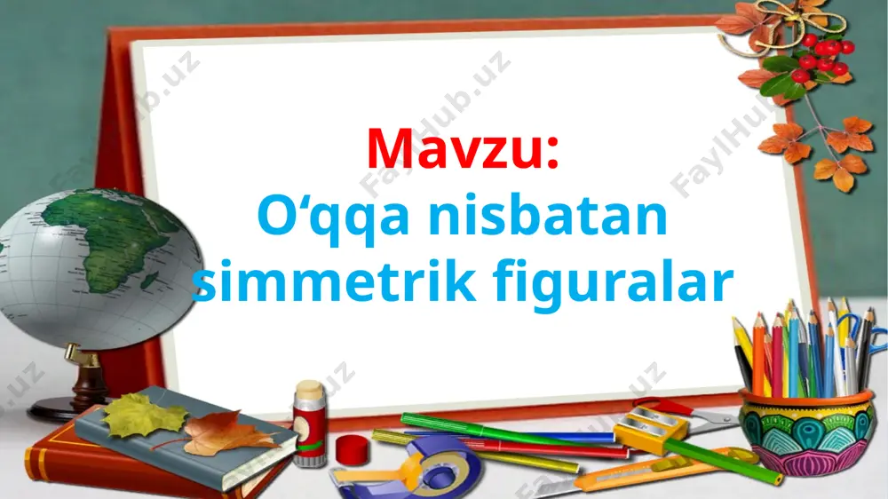 izing. aylana markazidan diametr o‘tkazing. aylana diametri uning simmetriya o‘qi bo‘lishini tushuntiring. bo’sh o’tirma,bosh qotir teng yonli uchburchakning perimetri 19 cm. teng tomonlardan birining uzunligi 7 cm. uning qolgan tomonlari uzunligini toping o`tgan mavzuni mustahkamlash 2. novvoyxonadagi d kg unning b kilogrammidan non tayyorlanib, qolgani ikkita qopga teng qilib solindi. har bir qopda necha kg un bor? ifoda tuzing. yechish: o a b bo’sh o’tirma,bosh qotir teng yonli uchburchakning perimetri 19 cm. teng tomonlardan birining uzunligi 7 cm. uning qolgan tomonlari uzunligini toping 3-topshiriq tarozining ikki pallasiga tarozi toshlari va o‘lchanayotgan yuk qo‘yilgan. noma’lum x va sonlar ishtirokida tenglama tuzing va uni yeching. yuk massasi necha kilogramm bo‘lganida tarozining ikki pallasi simmetrik joylashib qoladi? 3-topshiriq simmetriya o‘qiga nisbatan simmetrik bo‘lgan ikkita uchburchak chizing. uchburchaklarning o‘zaro simmetrik bo‘lgan burchaklarini kesmalar yordamida tutashtiring. bo’sh o’tirma,bosh qotir teng yonli uchburchakning perimetri 19 cm. teng tomonlardan birining uzunligi 7 cm. uning qolgan tomonlari uzunligini …