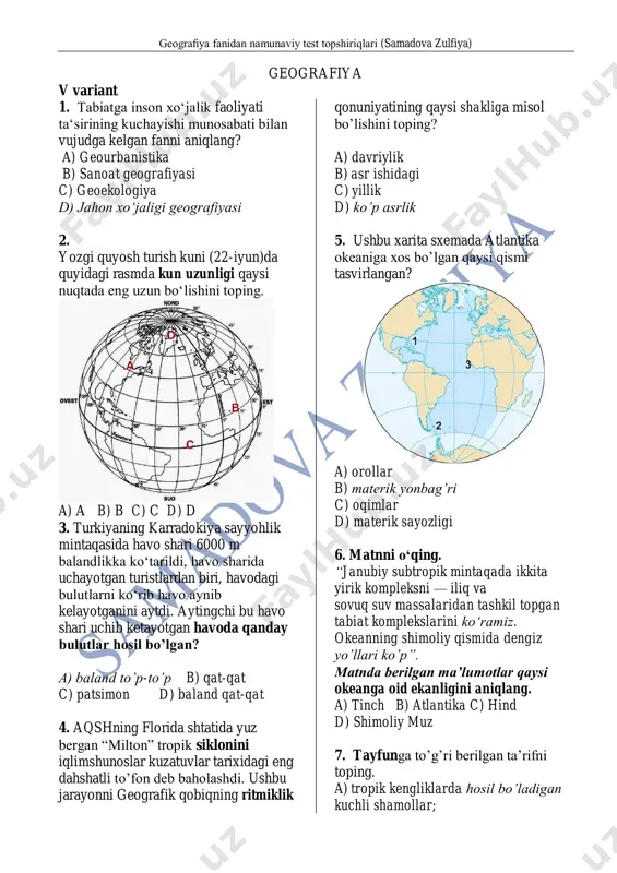 all va metamorfik tog‘ jinslaridan tuzilgan. kristall jinslar orasida temir, olmos, oltin, uran rudalari, marganes, rangdor metall rudalarining katta konlari bor. yassi tog‘likning yuzasi chuqur daryo vodiylari bilan parchalangan, ular past-baland qirlarni eslatadi. b) bu yassi tog‘ligi palaxsalanib ko‘tarilgan gorst va grabenlardan iborat. chuqur ko‘llar grabenlarda tarkib topgan. tog‘lar, platolar magmatik va metamorfik jinslaridan tuzilgan. botiqlar, cho‘kmalar, pasttekislik va tekisliklar cho‘kindi jinslar bilan qoplangan. c) bu o‘lka bir necha parallel joylashgan yassi tog‘liklardan tashkil topgan bo‘lib, ular bir-biridan chuqur vodiylar bilan ajralib turadi. zilzilalar bo‘lib turadi, o‘nlab harakatdagi va so‘ngan vulqonlar bor. bu tog‘lardan oltin, kumush, rangli metallar, neft va toshko‘mir qazib olinadi. d) o‘lkaning relyefi, asosan, yassi tog‘liklardan iborat. bu yassi tog‘liklar o‘lkaning markaziy qismida joylashgan. uning yuzasi dengiz sathidan o‘rtacha 400 — 600 m baland. yassitog‘liklarda lava — vulqon yotqiziqlari ko‘p uchraydi. 9. janubiy amerika materigining savannasiga xos bo’lgan xususiyatni aniqlang. a) savannalar zonasi subekvatorial iqlim mintaqalari hududidagi …