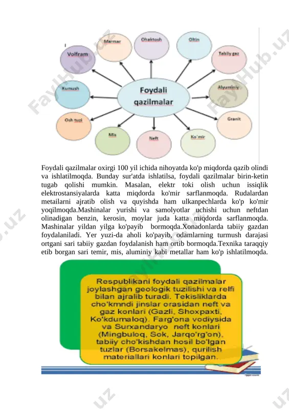 rni ajratib olish va quyishda ham ulkanpechlarda ko'p ko'mir yoqilmoqda.mashinalar yurishi va samolyotlar uchishi uchun neftdan olinadigan benzin, kerosin, moylar juda katta miqdorda sarflanmoqda. mashinalar yildan yilga ko'payib bormoqda.xonadonlarda tabiiy gazdan foydalaniladi. yer yuzi-da aholi ko'payib, odamlarning turmush darajasi ortgani sari tabiiy gazdan foydalanish ham ortib bormoqda.texnika taraqqiy etib borgan sari temir, mis, aluminiy kabi metallar ham ko'p ishlatilmoqda. [image: iqtisodiy xavsizliknig ichki omillari reja ozbekistonning iqtisodiy xavfsizligiga] [image: geografik xarita 5 -sinf] [image: ] zeb-ziynat va texnika uchun oltin, kumush kabi qimmatbaho metallardan foydalanish ortmoqda.boshqa turdagi foydali qazilmalarning sarflanishi ham yildan yilga ko'paymoqda.foydali qazilmalar tabiat in'om etgan boylikdir. ulardan faqat o'zimizgina emas, balki kelajak avlodlar ham bahramand bo'lishi lozim. shuning uchun foydali qazilmalardan oqilona foydalanish kerak. [image: o'zbekistondagi foydali qazilmalar 5,7 trln dollarga baholandi][image: foydali qazilmalar zaxiralari bo'yicha davlat komissiyasi asosiy vazifalari belgilandi] iv.mustahkamlash. 1. foydali qazilmalardan nima uchun oqilona foydalanish zarur? 2. ko'mirni tejash uchun nima qilish kerak? …