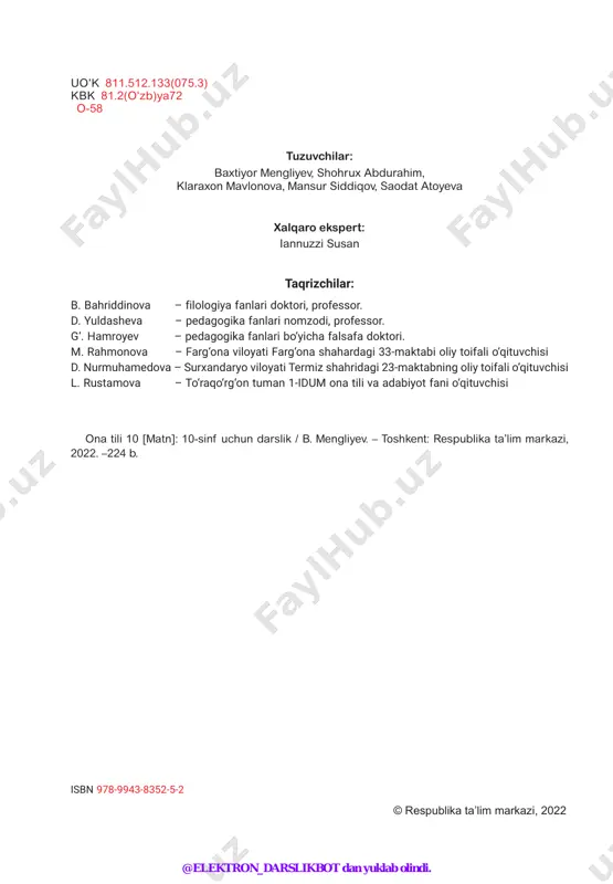 nutqiy mavzular: lingvistik mavzular: vijdon erkinligi; halollik; keng ildiz otgan illatlar. qo‘shma gap uslubiyati; gap bo‘laklari tartibi uslubiyati; argo va jargonlar. v bob 80 mundarija @elektron_darslikbot dan yuklab olindi. tilim – boyligim nutqiy mavzular: lingvistik mavzular: so‘z mas’uliyati; so‘z tarixi; “yumshoq” birliklar; tillar taraqqiyoti va tanazzuli; til “ekologiyasi”. so‘z yasovchi qo‘shimchalar uslubiyati; shevaga xos so‘zlar uslubiyati; asos va qo‘shimchalar imlosi. vi bob vii bob viii bob ix bob 102 122 142 170 fan va texnologiyalar nutqiy mavzular: lingvistik mavzular: nobel mukofoti; nobel mukofoti laureatlari nutqi; kelajak kasblari; tabiat va ixtirolar; innovatsion rivojlanish vazirligi. og‘zaki nutqda noverbal vositalardan foydalanish; fe‘llarda nisbat, zamon, shaxs-son uslubiyati; qo‘shib, ajratib va chiziqcha bilan yozish imlosi. boy bo‘lsam… nutqiy mavzular: lingvistik mavzular: asl boylik; qashshoqlik sabablari; boylarga kechagi va bugungi munosabat; millarderlar hayotidan. matn maqsadini aniqlash; vulgarizm va varvarizmlar; mustaqil nutq; yozma nutqning kirish va asosiy qismlarini shakllantirish; nuqta, so’roq va undov belgilarining qo‘llanishi. kino sanoati …