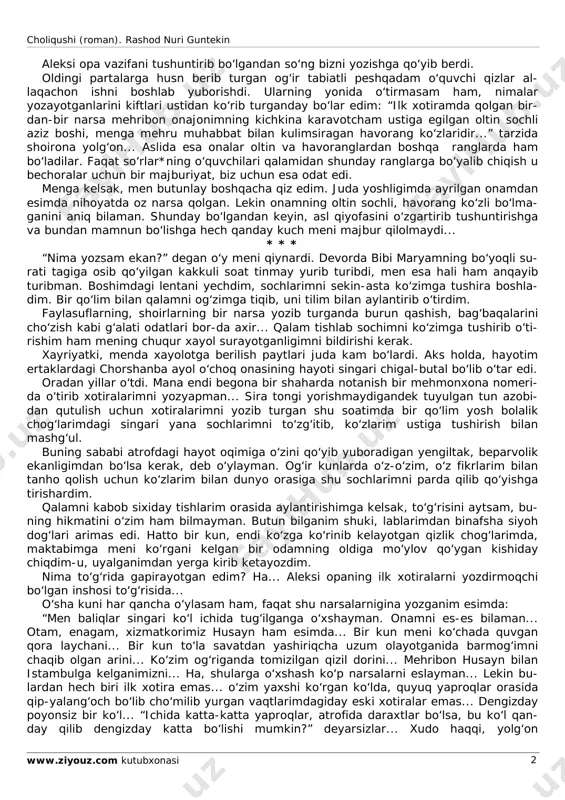 n yashirmoqchi bo‘lgan hayotni tomosha qilayotgan kishiday quvonar, aldaganim va intiqom olayotganim uchun huzur qilardim. choliqushi (roman). rashod nuri guntekin www.ziyouz.com kutubxonasi 2 aleksi opa vazifani tushuntirib bo‘lgandan so‘ng bizni yozishga qo‘yib berdi. oldingi partalarga husn berib turgan og‘ir tabiatli peshqadam o‘quvchi qizlar al- laqachon ishni boshlab yuborishdi. ularning yonida o‘tirmasam ham, nimalar yozayotganlarini kiftlari ustidan ko‘rib turganday bo‘lar edim: “ilk xotiramda qolgan bir- dan-bir narsa mehribon onajonimning kichkina karavotcham ustiga egilgan oltin sochli aziz boshi, menga mehru muhabbat bilan kulimsiragan havorang ko‘zlaridir...” tarzida shoirona yolg‘on... aslida esa onalar oltin va havoranglardan boshqa ranglarda ham bo‘ladilar. faqat so‘rlar*ning o‘quvchilari qalamidan shunday ranglarga bo‘yalib chiqish u bechoralar uchun bir majburiyat, biz uchun esa odat edi. menga kelsak, men butunlay boshqacha qiz edim. juda yoshligimda ayrilgan onamdan esimda nihoyatda oz narsa qolgan. lekin onamning oltin sochli, havorang ko‘zli bo‘lma- ganini aniq bilaman. shunday bo‘lgandan keyin, asl qiyofasini o‘zgartirib tushuntirishga va bundan mamnun …