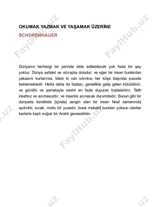 t olan hayvanlarınkinden çok da ileride olmadığını, arada, öyle zannedildiği gibi geniş bir aralık bulunmadığını bilir. i̇nsan mutluluğunun i̇ki temel düşmanı: istırap ve can sıkıntısı çev. m. sırrı erer en genel gözlem, bize insan mutluluğunun iki temel düşman ının ıstırap ve can sıkıntısı olduğunu gösterir. daha ileri gidip, birinden yakamızı sıyıracak kadar talihli olma ayrıcalığımızın düzeyinin bizi diğerine yaklaştırdığını söyleyebiliriz. aslına bakılırsa hayatın bize sunduğu, bu ikisi arasında, az veya çok şiddetli bir salınımdır. bunun sebebi, bu iki kutuptan her birinin diğeri için çift yönlü, harici ya da nesnel, deruni ya da öznel bir çatışmayı içinde barındırmasıdır. i̇htiyaç içerisinde bulunmak ve sefalet, ıstırap üretir; buna mukabil eğer bir insan sahip olması gerekenlerden daha fazlasına malikse can sıkıntısına düçar olur. dolayısıyla aşağı sınıftakiler günlerini ihtiyaçları tedarik için sürekli bir mücadele ile, bir başka ifadeyle, ıstırapla geçirirken, yüksek sınıflar can sıkıntısıyla biteviye ve çok kere umutsuz bir savaş halindedirler1. deruni yahut öznel …