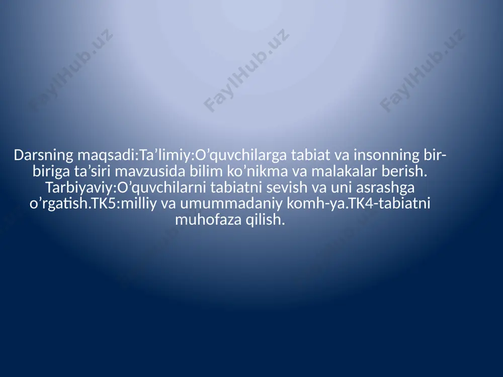 am qazib turli ehtiyojlarga ishlatmoqda. bu esa tabiatni va ekologiyaning buzilishiga olib kela boshladi.zavodlarning zaharli tutunlari ,ko’mirning katta qismini qisqa muddatda yoqilishi va yana boshqa muammolar keltirib chiqarmoqda. 4.yangi mavzuni mustahkamlash. savollar:a]bundan 100-150 yil tabiatni qanday tassavur qilasiz? b]insonlar nima uchun tabiatga salbiy ta’sir qila boshlagan? d]yer yuzidagi tabiatni qanday tasavvur qilasiz?e]inson va tabiatning qanday bog’likligi bor? 5.o’quvchilar bilimini baholash. o’quvchilar bilimi besh ballik tizimda baholanadi. faol o’quvchilar rag’batlantiriladi. 6.uyga vazifa:’’ ‘’men sevgan tabiat’’ mavzusida rasm ishlash. image1.jpg image2.jpg image3.jpg image4.jpg