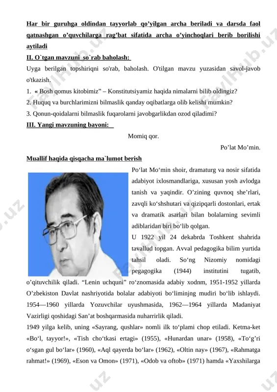 o’lat mo’min. muallif haqida qisqacha ma`lumot berish [image: ]po‘lat mo‘min shoir, dramaturg va nosir sifatida adabiyot ixlosmandlariga, xususan yosh avlodga tanish va yaqindir. o’zining quvnoq she’rlari, zavqli ko‘shshutari va qizipqarli dostonlari, ertak va dramatik asarlari bilan bolalarning sevimli adiblaridan biri bo‘lib qolgan. u 1922 yil 24 dekabrda toshkent shahrida tavallud topgan. avval pedagogika bilim yurtida tahsil oladi. so‘ng nizomiy nomidagi pegagogika (1944) institutini tugatib, o’qituvchilik qiladi. “lenin uchquni” ro‘znomasida adabiy xodnm, 1951-1952 yillarda o’zbekiston davlat nashriyotida bolalar adabiyoti bo‘liminjng mudiri bo‘lib ishlaydi. 1954—1960 yillarda yozuvchilar uyushmasida, 1962—1964 yillarda madaniyat vazirligi qoshidagi san’at boshqarmasida nuharrirlik qiladi. 1949 yilga kelib, uning «sayrang, qushlar» nomli ilk to‘plami chop etiladi. ketma-ket «bo‘l, tayyor!», «tish cho‘tkasi ertagi» (1955), «hunardan unar» (1958), «to‘g’ri o‘sgan gul bo‘lar» (1960), «aql qayerda bo‘lar» (1962), «oltin nay» (1967), «rahmatga rahmat!» (1969), «eson va omon» (1971), «odob va oftob» (1971) hamda «yaxshilarga o‘xshasam», «gul va piyoz», «kuldi xiyol», «men sevaman, sen …