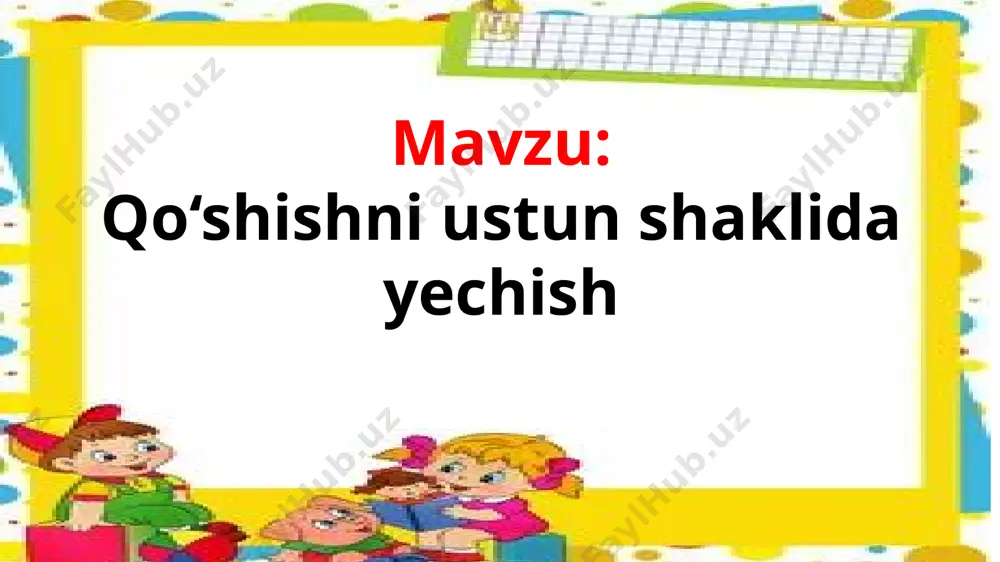 yonli uchburchakning perimetri 19 cm. teng tomonlardan birining uzunligi 7 cm. uning qolgan tomonlari uzunligini toping. p=19 sm birining uzunligi-7 sm ikkinchi tomon uzunligi-? sm yechish; 7 · 2 = 14 19 – 14 = 5 javob: 5 cm. v. baholash. darsdagi faol ishtirokiga qarab, o’quvchilar rag’batlantiriladi va dars yakunida ballar umumlashtirilib yakuniy ballar e’lon qilinadi. uyga vazifa: 6 – 7– misol va masala. image1.jpg image2.png image3.png image4.png image5.jpeg