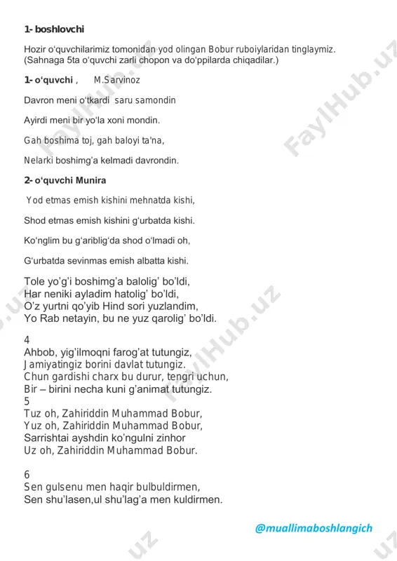 yo’g’i boshimg’a balolig’ bo’ldi, har neniki ayladim hatolig’ bo’ldi, o’z yurtni qo’yib hind sori yuzlandim, yo rab netayin, bu ne yuz qarolig’ bo’ldi. 4 ahbob, yig’ilmoqni farog’at tutungiz, jamiyatingiz borini davlat tutungiz. chun gardishi charx bu durur, tengri uchun, bir – birini necha kuni g’animat tutungiz. 5 tuz oh, zahiriddin muhammad bobur, yuz oh, zahiriddin muhammad bobur, sarrishtai ayshdin ko’ngulni zinhor uz oh, zahiriddin muhammad bobur. 6 sen gulsenu men haqir bulbuldirmen, sen shu’lasen,ul shu’lag’a men kuldirmen. @muallimaboshlangich nisbat yo’qdur,deb ijtinob aylamakim, shohmen elga,vale senga quldurmen. 7 har kimki vafo qilsa vafo topgusidur, har kimki jafo qilsa jafo topgusidur, yaxshi kishi yomonlig’ ko’rmagay hargiz, ha kimki yomon bo’lsa jazo topgusidur! 8 ko’pdin berikim yor-u diyorim yo’qtur, bir lahza-yu, bir nafas qarorim yo’qtur. keldim bu sorig’a o’z ixtiyorim birla, lekin borarimda ixtiyorim yo’qtur. 9 bu xasta ko’ngil erdi, visoling ila xush, jonim ham erur sening jamoling ila xush. hijron g’ami garchi …