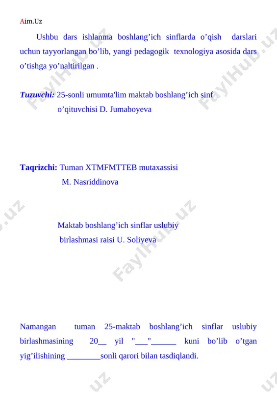 amalga oshirish texnologiyasi dars turi: aralash yoki kombinatsiyalashgan: shakllantiruvchi, rivojlantiruvchi dars metodi: “aralash”,“interfaol metodlar”, “guruhlarda ishlash”, “aqliy hujum” dars jihozi: darslik, ko’rgazmali va didaktik materiallar, proyektor, akt darsning blok chizmasi: № dars bosqichlari: bajariladigan ish mazmuni ajratilgan vaqt 1 tashkiliy qism salomlashish, davomatni aniqlash, sinfni darsga tayyorlash,kun tarixi aytiladi 3 daqiqa 2 o’tilgan mavzuni takrorlash takrorlash, mustahkamlash, yangi mavzu bilan bog’lash 8 daqiqa 3 yangi dars mavzusi mazmunini tushuntirish yangi mavzuni tushuntirish 14 daqiqa 4 yangi mavzuni mustahkamlash yangi mavzuni mustahkamlash 15 daqiqa 5 dars yakuni va baholash g’olib guruhni aniqlash, rag’batlantirish. darsning so’ngi xulosasini chiqarish 3 daqiqa 6 uyga vazifa o’qituvchi tomonidan uyga vazifa e’lon qilinadi va keyingi mavzuga tayyorlanib kelish yo’nalishini aytib o’tadi 2 daqiqa darsning borishi o’qituvchi: assalomu alaykum o’quvchilar bugun darsga tayyormisiz, savollarga xushyormisiz? o’quvchilar: doim darsga tayyormiz, biz bilimga chanqoqmiz. sardor axboroti (ingliz tilida) o’qituvchi: a) qanday o’quvchi a`lo o’qiydi? b) vatanimiz tinch bo’lishi uchun …