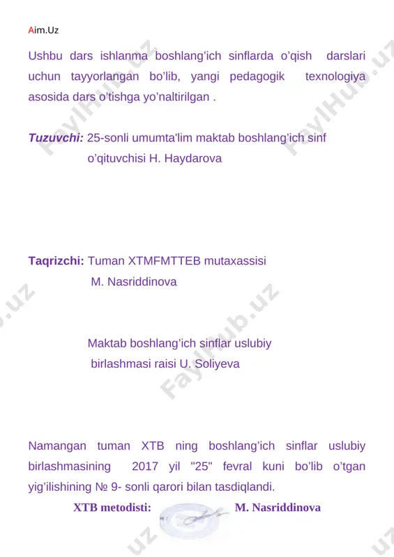 iga ega bo‘lish. o’quv jarayonini amalga oshirish texnologiyasi dars turi: yangi bilim beruvchi dars metodi: savol-javob, noan’anaviy kichik guruhlarda ishlash, suhbat. dars jihozi: mavzuga oid rasmlar, rangli qog'ozlar va didaktik materiallar, proyektor, akt darsning blok chizmasi: № dars bosqichlari: bajariladigan ish mazmuni ajratilgan vaqt 1 tashkiliy qism salomlashish, davomatni aniqlash, sinfni darsga tayyorlash,kun tarixi aytiladi 3 daqiqa 2 o’tilgan mavzuni takrorlash takrorlash, mustahkamlash, yangi mavzu bilan bog’lash 8 daqiqa 3 yangi dars mavzusi mazmunini tushuntirish yangi mavzuni tushuntirish 14 daqiqa 4 yangi mavzuni mustahkamlash yangi mavzuni mustahkamlash 15 daqiqa 5 dars yakuni va baholash g’olib guruhni aniqlash, rag’batlantirish. darsning so’nggi xulosasini chiqarish 3 daqiqa 6 uyga vazifa o’qituvchi tomonidan uyga vazifa e’lon qilinadi va keyingi mavzuga tayyorlanib kelish yo’nalishini aytib o’tadi 2 daqiqa 1. tashkiliy qism. a) salomlashish. o’quvchilar: har tong ertalab turib, boramiz maktab tomon bizlar ilmga chanqoq, ustozimiz mehribon qo’limiz ko’ksimizda assalomu alaykum o’qituvchi: vaalaykum assalom! bolajonlar, hamma …
