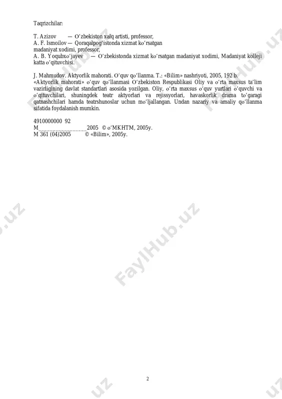 r uslubiy qo‘llanma asosida olib boriladi. chunki aktyor mahoratini professional yoki havaskor degan tabaqalarga ajratib bo‘lmaydi. aktyor xoh u professional bo‘lsin, xoh havaskor bo‘lsin, oxir oqibat tomoshabinga xizmat qiladi. faqat ijroning qanchalik ta’sirli, tabiiyligi bilan, tomoshabinni qanchapk larzaga sola bilishi bilan birbiridan farq qilishi mumkin. mazkur qo‘llanmani yaratishdan maqsad «aktyorlik mahorati»ning asoslarini ilmiy asosda o‘rgatish, mahorat mohiyatini ochib berishdan iborat bo‘lib, ular ham boshqa fanlar kabi soddalik va oddiylikdan murakkablik tomon o‘sib borishi kerak. odatda, sozandaning mahorati haqida gapirsak, uning soz chalish texnikasini qanchalik mukammal egallaganiga qarab mahoratiga baho beramiz. aktyorlik mahorati ham aktyorlik texnikasini naqadar puxta o‘zlashtirganligiga qarab baholanadi. shu nuqtayi nazardan kelib chiqqan holda, ushbu qo‘llanma aktyor mahoratining asosini tashkil etuvchi sodda etyudlar bajarishga o‘rgatishdan boshlangan. sodda etyudlar asosini esa mahoratning dastlabki unsurlari: ko‘rish, eshitish, sezish, hid bilish, ta’m bilish tashkil etadi. ikkinchi tomondan, bo‘lg‘usi aktyor yoki rejissor hayotni kuzata bilishi, undan o‘ziga kerakli tomonlarini ola bilishi kerak. …