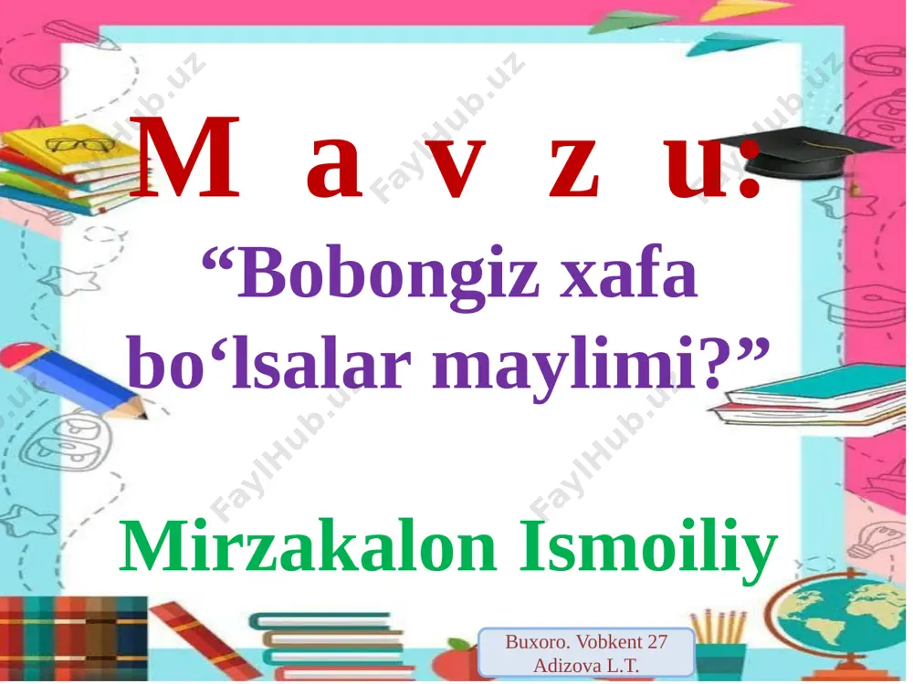 chi, tartib degan narsa qolmadi. buxoro. vobkent 27 adizova l.t. oxiri bobosi ravshanni biroz koyidi:–asboblarni oldingmi, ishlatib bo‘lgandan keyin darrov joyiga qo‘yish kerak. kimga kerak bo‘lsa, u shu yerdan osongina oladi, qidirmaydi. sen bo‘lsang, mening asboblarimni har yerga tashlab ketasan. bunday qilsang, men xafa bo‘laman,–dedi. buxoro. vobkent 27 adizova l.t. –yo‘q, yo‘q, bobojon. sizni xafa qilmayman. endi asboblaringizga tegmayman. uydan bir nima olsam, ishlatganimdan keyin yana darrov joyiga keltirib qo‘yaman. xo‘pmi? shunday qilsam xafa bo‘lmaysizmi? –shunday qilsang, xafa bo‘lmayman, bolam– dedi bobosi. buxoro. vobkent 27 adizova l.t. lug‘at ishi: qo‘li gul- kallaklaydi- innaykeyin- buxoro. vobkent 27 adizova l.t. savollar: 1.bobo qanday fazilatga ega? 2.bobo ravshanni qaysi ishlari uchun koyidi? 3.ravshan nima qilsa, bobosi xafa bo‘lmaydi? siz matndan qanday xulosa chiqardingiz? buxoro. vobkent 27 adizova l.t. uyga vazifa. o‘qib kelish. buxoro. vobkent 27 adizova l.t. e’tiboringiz uchun tashakkur. buxoro. vobkent 27 adizova l.t. image1.jpeg image2.png
