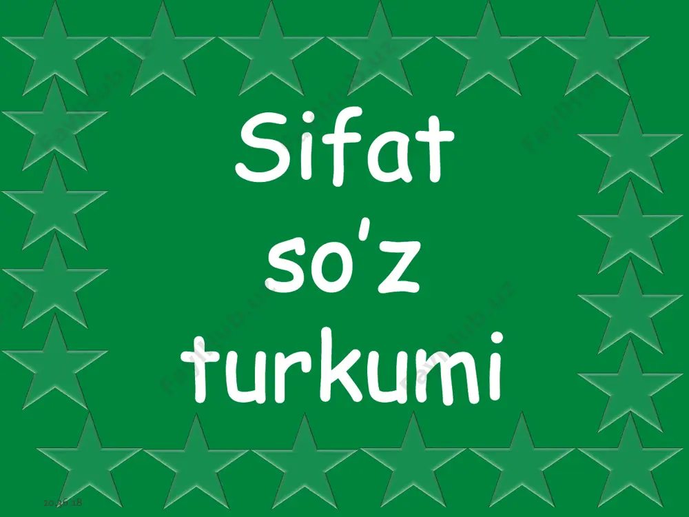 a javob bo'ladi. sifatlar gapda otlarga bog‘lanib keladi: zangori osmon, mevali bog‘, ko‘rkam bino. 20:36:18  258-mashq. ifodali o‘qing. sifatlarni aniqlang, ularni o‘zi bog'lanib kelgan ot bilan birgalikda ko‘chiring.  qorli tog'lar, keng vodiylar,  boshqachadir kumush dalalar.  yashil bog‘lar, keng daryolar,  yasangandir bugun 0‘zgacha.  qorli tog`lar, keng vodiylar, kumush dalalar, yashil bo`glar, keng daryolar  sifatlarni tushirib qoldirib o‘qing. qanday o'zgarish bo'ldi?  ushbu so`zlar talaffuzi va imlosi, yozuvda ifoda etilishi tushuntiriladi.  iv.mustahkamlash:bajarilishi yuzasidan ko`rsatma beriladi: so‘zlarni o‘qing. so‘z boshida kelgan undoshni to‘g‘ri ayting. doskada va mustaqil bajariladi.  mavzu yuzasidan o’quvchilarga tarqatmalar berilib savol javoblar o’tkaziladi. 20:36:18  v. o`quvchilarni rag`batlantirish. darsni yakunlash: darsda faol qatnashgan o`quvchilarni rag`batlantiraman. doskada mashq bajargan o`quvchilarni baholayman.  vi.uyga vazifa: o`quvchilarga uy vazifasini bajarilishi yuzasidan ko`rsatma berib darsni yakunlayman 20:36:18 so’roqlar yordamida sifatlarni topib ko’chiring. sekin, bepoyon, ayyor, qiyg’os, tasodifan, ulkan, shod, zimdan, tasodifiy, suluv, yaxshilik, qahramon, kar, …