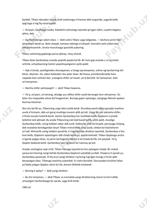 og‘liq narsa uzatdi. — xo‘jayin, qoplonga nasiba. kabobchi oshnamga tayinlab qo‘ygan edim, suyakni begona qilma, deb. — qurbonboyingiz odam ekan, — dedi xotini tillaev uyga kelganda, — bechora jonini fido qivoraman deydi-ya. bola-chaqali, kamxarj odamga o‘xshaydi. imoratini yetti yildan beri bitkazolmasmish. uncha-munchasiga qarashib yuboring. tillaev xotinining gaplariga parvo qilmay, choy ichardi. tillaev bilan qurbonboy orasida yaqinlik paydo bo‘ldi. bir kuni gap orasida u ro‘zg‘ordan orttirib, uchastkasining tomini yopolmayotganini aytib qoldi: — ayb o‘zimda, yoshligimdan shunaqaman, o‘zimga qaramayman, oshna-og‘aynilarning ishi bitsin, deyman. ha, odam bolasidan shu qolar ekan. bo‘lmasa, promkombinatda ham, raypoda ham oshnam bor, yuztagina shifer so‘rasam, yo‘q dermidi. so‘ramayman. aslo so‘ramayman. — nechta shifer yetmayapti? — dedi tillaev beparvo. — yo‘q, xo‘jayin, so‘ramang, skladga yuz ellikta shifer yozib bersangiz ham olmayman. siz bilan shu maqsadda oshna bo‘lmaganman. bunaqa gapni aytsangiz, uyingizga ikkinchi qadam bosmay ketaman. shu-shu bo‘ldi-yu, tillaevning unga ixlosi oshib ketdi. shundoq yaxshi odam garajda mashina yuvib o‘tirmasin, …