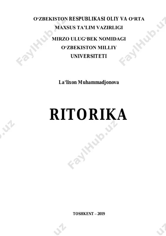 nzk1nw%3d%3d&el=1_x_4&_esc=publicationcoverpdf https://www.researchgate.net/profile/lalihon_mukhamedjanova?enrichid=rgreq-2965f708231e1fd06d961353ac477e82-xxx&enrichsource=y292zxjqywdlozmznjewnjc0ottbuzo4mdc4mdi2mdm4nte3nzdamtu2otywnju1nzk1nw%3d%3d&el=1_x_5&_esc=publicationcoverpdf https://www.researchgate.net/institution/national_university_of_uzbekistan?enrichid=rgreq-2965f708231e1fd06d961353ac477e82-xxx&enrichsource=y292zxjqywdlozmznjewnjc0ottbuzo4mdc4mdi2mdm4nte3nzdamtu2otywnju1nzk1nw%3d%3d&el=1_x_6&_esc=publicationcoverpdf https://www.researchgate.net/profile/lalihon_mukhamedjanova?enrichid=rgreq-2965f708231e1fd06d961353ac477e82-xxx&enrichsource=y292zxjqywdlozmznjewnjc0ottbuzo4mdc4mdi2mdm4nte3nzdamtu2otywnju1nzk1nw%3d%3d&el=1_x_7&_esc=publicationcoverpdf https://www.researchgate.net/profile/lalihon_mukhamedjanova?enrichid=rgreq-2965f708231e1fd06d961353ac477e82-xxx&enrichsource=y292zxjqywdlozmznjewnjc0ottbuzo4mdc4mdi2mdm4nte3nzdamtu2otywnju1nzk1nw%3d%3d&el=1_x_10&_esc=publicationcoverpdf o‘zbekiston respublikasi oliy va o‘rta maxsus ta’lim vazirligi mirzo ulug‘bek nomidagi o‘zbekiston milliy universiteti la’lixon muhammadjonova ritorika toshkent – 2019 2 ritorika muallif: f.f. n. l. a. muhammadjonova taqrizchi: f.f.d. m.qaxxorova dots. f.f.n. d.s. qodirova darslik mirzo ulug‘bek nomidagi o‘zbekiston milliy universiteti ijtimoiy fanlar fakulteti ilmiy uslubiy kengashida ko‘rib chiqildi va nashrga tavsiya etildi. 3 kirish globallashuv asri kishisining jamiyat bilan bo‘lgan munosabatlaridagi har qanday faoliyatiga beriladigan baho avvalambor, uning tashqi jihatlariga e’tibordan boshlanadi, ya’ni har bir kadrni malakali mutaxassis bo‘lib yetishishda ritorika fanining o‘rni beqiyos. shu sababli ham ritorikani o‘rganish insonda notiqlik san’ati qoidalarini go‘zal hatti-harakatlar bilan uyg‘unlashtiruvchi sohalardan birini egallashga muvoffaq bo‘ladi. zero, kishilarning o‘zaro munosabati agar u ijobiy tus olsa, jamiyat va shahs ravnaqi uchun muvaffaqiyatli kechadi. alb