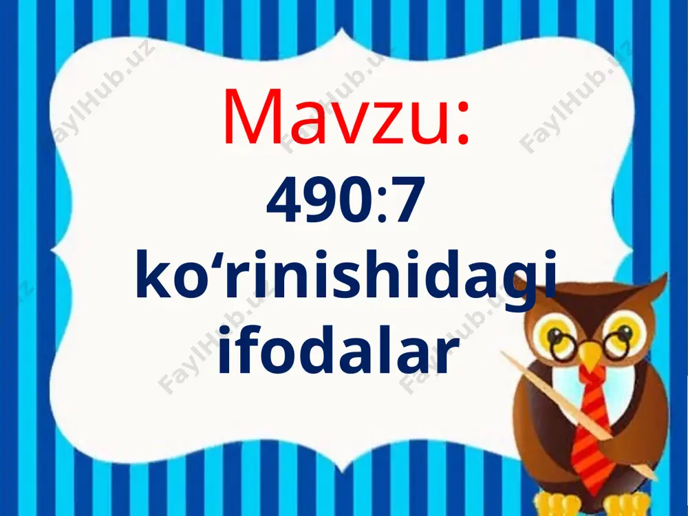 : yechish: 1. 360:4=90(kg) 2. 90:3=30 (kg) javob: 30 kg maqsad: a) o’quvchilarga bo’linmani topib, qoldig’ini aniqlash qoidalarini o’rgatish. ko’p xonali songa bo’lishga oid misol, masalalarni yechtirish b) o’quvchilarni kasb – hunar o’rgatishga yo’naltirish, iqtisodiy tarbiya berish d) noma’lumlarni topishga doir bilim, ko’nikmalarni rivojlantirish 3-topshiriq misollarni ustun shaklida yeching: +346 + 349 + 575 537 281 279 883 630 854 - 995 - 484 –357 163 319 216 832 165 141 maqsad: a) o’quvchilarga bo’linmani topib, qoldig’ini aniqlash qoidalarini o’rgatish. ko’p xonali songa bo’lishga oid misol, masalalarni yechtirish b) o’quvchilarni kasb – hunar o’rgatishga yo’naltirish, iqtisodiy tarbiya berish d) noma’lumlarni topishga doir bilim, ko’nikmalarni rivojlantirish 4-topshiriq uchburchakning perimetri 126 mm, ikkita tomonining uzunligi 37 mm dan bo‘lsa, uchinchi tomoni necha millimetr? qisqa sharti: yechish: 1. 37 · 2=74 mm 2. 126-74=52 mm javob: 52 mm 5-topshiriq 5-topshiriq kesmalar - ab,bo,oe,oc,ao nur - 3 ta maqsad: a) o’quvchilarga bo’linmani topib, qoldig’ini …