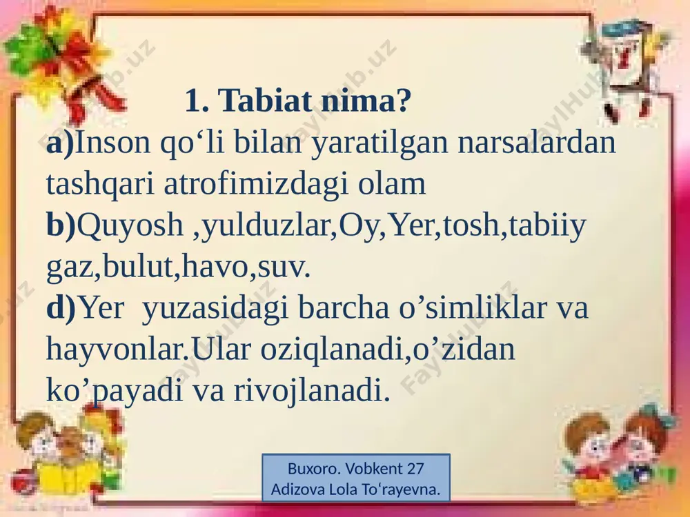 joydagi holatlari ob-havo deb ataladi. b) yomg‘ir qor va do‘l yog‘ishi. d) quyosh, yulduzlar, oy, yer, tosh, tabiiy gaz, bulut, havo, suv. buxoro. vobkent 27 adizova lola to‘rayevna. 11. yog‘inlarni belgilang. yomg‘ir, qor va do‘l sel kelishi d) qirov tushishi buxoro. vobkent 27 adizova lola to‘rayevna. 12. konlarni qidirib topish ishlari bilan qaysi kasb egalari shug’ullanadi? a) haydovchi b) geolog d) iztopar buxoro. vobkent 27 adizova lola to‘rayevna. 13. oltin o‘zbekistonning qayerlaridan uchraydi xaritadan belgilang: a) buxoro, namangan, surxondaryo b) buxoro, qoraqalpog‘iston, qashqadaryo d) navoiy, samarqand, jizzax,toshkent viloyatida buxoro. vobkent 27 adizova lola to‘rayevna. a) b) d) 15. toshro‘mirning shartli belgisini belgilang. a) b) d) buxoro. vobkent 27 adizova lola to‘rayevna. 15. tabiiy gazning shartli belgisini belgilang. a) b) d) buxoro. vobkent 27 adizova lola to‘rayevna. e’tiboringiz uchun tashakkur. buxoro. vobkent 27 adizova lola to‘rayevna. image1.jpeg