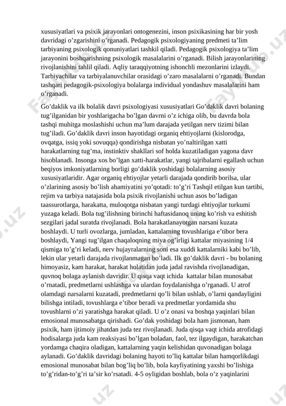 ib topishini ochib berish va boshqa masalalarni ham o’rganish kiradi. pedagogik-psixologiya ta’lim muassasalarida o`qitish prosessida o`quvchilar tomonidan bilim va malakalarni egallashning qonuniyaitlarini va tarbiya jarayonida bola shaxsining tarkib topishini o’rganadi. o’qitish va tarbiyalashning psixologik qonuniyatlarini o’rganish pedagogik psixologiyaning predmetini tashkil qiladi. bu fan o`quvchilar va tarbiyalanuvchilar tafakkurining shakllanishini o’rganadi; o’zlashtirish prosessini idora qilish, aqliy faoliyat usullari va malakalarining tarkib topish muammolarini tahlil qiladi, o`qitish jarayonining, o`quvchi va o’qituvchi, tarbiyachi va tarbiyalanuvchi o’rtasidagi munosabatlarning, ta’lim oluvchilar jamoasidagi o’zaro munosabatlarning muvaffaqiyatli bo’lishiga ta’sir qiladigan psixologik faktorlarni aniqlaydi; o`quvchilarning individual psixologik tafovutini, bolalar bilan olib boriladigan o`quv-tarbiya ishlarining psixologik xususiyatlarini o’rganadi. o’smir psixologiyasining predmeti rivojlanayotgan inson shaxsining psixologik xususiyatlari va psixik jarayonlari ontogenezini, inson psixikasining har bir yosh davridagi o’zgarishini o’rganadi. pedagogik psixologiyaning predmeti ta’lim tarbiyaning psixologik qonuniyatlari tashkil qiladi. pedagogik psixologiya ta’lim jarayonini boshqarishning psixologik masalalarini o’rganadi. bilish jarayonlarining rivojlanishini tahlil qiladi. aqliy taraqqiyotning ishonchli mezonlarini izlaydi. tarbiyachilar va tarbiyalanuvchilar orasidagi o’zaro …