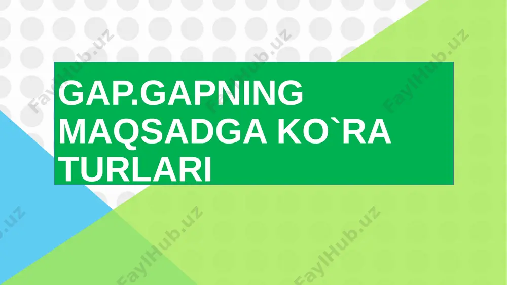 inish belgilarini qo’ying yangi mavzuni mustahkamlash uchun ‘’didaktik’’ o’yin o’ynaymiz: gap “blits so’rovnoma” o’yini o’ynaladi. men o’zbekistonda so’roq gap yashayman. sen qayerdan undov gap kelding? yashasin mustaqillik! darak gap darsning yakuni: o‘quvchilarni baholash: darsda faol ishtirok etgan o‘quvchilar baholanadi. uyga vazifa: mavzuni o‘qib, o‘zlashtirish “5 savolga 5 javob” asosida test savoli tuzish darslikdagi savol va topshiriqlarga javob yozish darsimiz yakunlandi sog` bo`ling image3.jpeg image4.jpeg image5.png image6.png image7.jpeg image8.jpeg image9.jpeg image10.jpeg image11.jpeg image12.jpeg image13.wmf image14.jpg image15.jpg