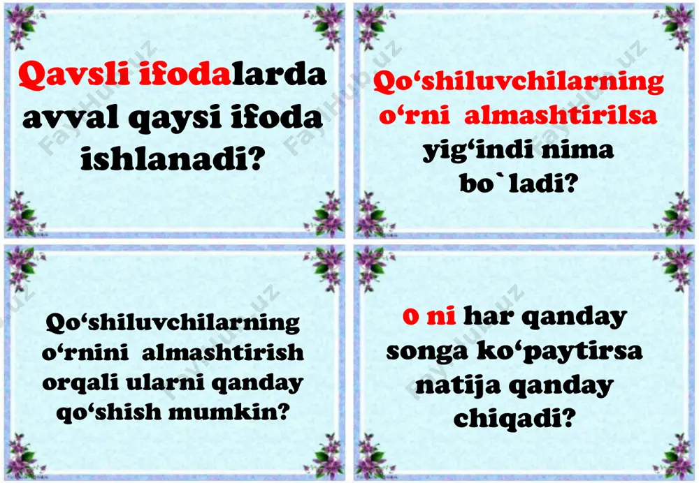 ilish mumkin? bobo 56 yoshda, nabirasi 14 yoshda. necha yildan keyin bobo nabirasidan ikki marta katta bo‘ladi? shunday to‘rtta turli sonlarni topingki, ularning ko‘paytmasi 70 ga teng bo‘lsin. arifmetik amallar yordamida 3 ta 5 raqamidan quyidagi sonlarni hosil qiling: 2 ni, 4 ni, 11ni. ikki xonali shunday son topingki, uni 7 ga ko‘paytirib, chiqqan sondan 1 ayirilganda 90 hosil bo‘lsin. bu qanday son? 5 ta 2 soni orasiga to‘rt amal ishorasining har biridan bittadan shunday qo‘yingki, natijada 3 soni hosil bo‘lsin. qizcha va otasining yoshini ayting? bo‘sh kataklarga 3 va 4 sonlarini shunday joylashtiringki, har bir qator va ustun bo‘yicha yig‘indi har gal 9 chiqsin. qafasdagi 4 ta qush 4 ta bolaga bittadan beril sada, 1 ta qush qafasda qolishi mumkinmi?