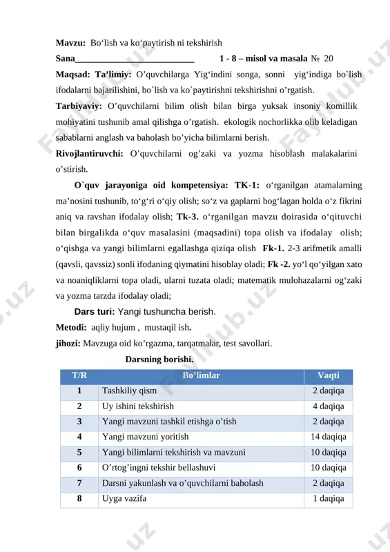 aholash 2 daqiqa 8 uyga vazifa 1 daqiqa 9 jami 45 daqiqa i tashkiliy qism. a) salomlashish, davomotni aniqlash, tozalikni tekshirish ii. o’tgan mavzuni so’rash va mustahkamlash. nazorat:uy vazifasini tekshirish, og’zaki so’rov, misol va masalalar yechish. o’qituvchi: bugungi darsimiz uch guruhga bo’lib olib boramiz guruhlar o’zingizni tanishtiring 1-guruh: qancha bo’lsa savollar tez topamiz donolar 2-guruh: epchil chaqqon chopqirlarmiz aqli raso topqirlarmiz 3-guruh: darsda faol qatnashamiz barcha fandan bilimdonmiz 1- o‘quvchi: arifmetik to‘rt amal, qo‘shish hamda ayirish, mulohazaga chorlar bo‘lish va ko‘paytirish. 2- o‘quvchi: uchga to‘rtni qo‘shamiz javobi bo‘lar yetti. shunday oson topilar qo‘sh [bookmark: _goback]istagan mavzuingizda ochiq dars taqdimotlar tayyorlab beramiz murojaat uchun telefon 97-845-09-09 telegram @secret_0909 guruhimiz : @iqtidorli_uzedu istagan mavzuingizda ochiq dars taqdimotlar tayyorlab beramiz murojaat uchun telefon 97-845-09-09 telegram @secret_0909 guruhimiz : @iqtidorli_uzedu istagan mavzuingizda ochiq dars taqdimotlar tayyorlab beramiz murojaat uchun telefon 97-845-09-09 telegram @secret_0909 guruhimiz : @iqtidorli_uzedu istagan mavzuingizda ochiq dars taqdimotlar tayyorlab beramiz murojaat …