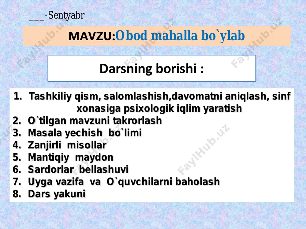har bir xonadon va uy. mehrlarga to‘lmoqda, shundan obod bo'lmoqda. unda har bekat, guzar, insonlar bilan go‘zal. gullarga to'lgan rasta, tutar sizga guldasta. bizda doim qaynar ish, har soatda o‘zgarish. unda bilim o‘chog‘i, tarqalib turli yoqqa, o‘ynashar ko‘zboylag‘ich, bekinmachoq va soqqa. mahallam ajib ko‘rkam, u ham bir kichik o'lkam. quvnoq maktab dargohi. mahalla bolalari iv. yangi mavzuni mustahkamlash. savol va topshiriqlar: 1. mahalla bolalari nimalar bilan shug'ullanadilar? 2. mahallani vatan desa bo'ladimi? 3. o‘zingiz yashayotgan mahalla haqida kichik matn tuzing. yangi mavzuni mustahkamlash 1. mahalla bolalari nimalar bilan shug'ullanadilar? 2. mahallani vatan desa bo'ladimi? 3. o‘zingiz yashayotgan mahalla haqida kichik matn tuzing. o’quvchilarning darsdagi ishtiroki va ijodkorli-gi, faolligi, topshiriqlarni bajarish darajasi, to’g’ri va ravon o’qishi o’qutuvchi tomonidan baholab boriladi. dars yakunida umumiy ballar e’lon qilinadi va faol, bilimdon o’quvchilar rag’batlantiriladi. uyga vazifa darslikdagi she’rni yodlash e’tiboringiz uchun rahmat!