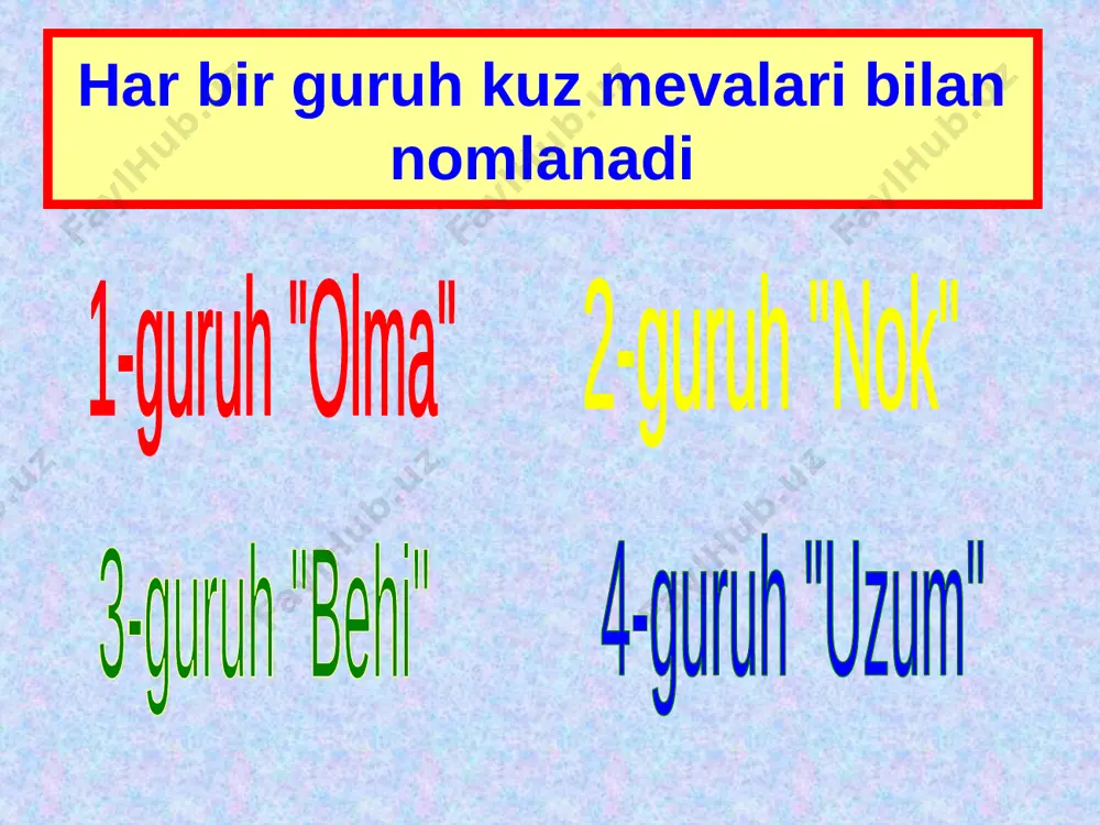 bilasiz? 2. "qovun sayli"da qanday ishlar qilinadi ? 3. fasllar va dehqonchilik bilan bog'liq qanday an'analarni bilasiz ? 4. an'analarni saqlab qolish va davom ettirish uchun nima qilish kerak ? a). asarning birinchi bo'limi ifodali o'qiladi. b). qovun rasmini chizib kelish. 6-tur: uyga vazifa rag'batlaiitirish va baholash. image2.gif image3.gif image4.jpeg image5.png image6.gif image7.gif image8.gif image9.gif image10.gif image11.gif image1.jpeg