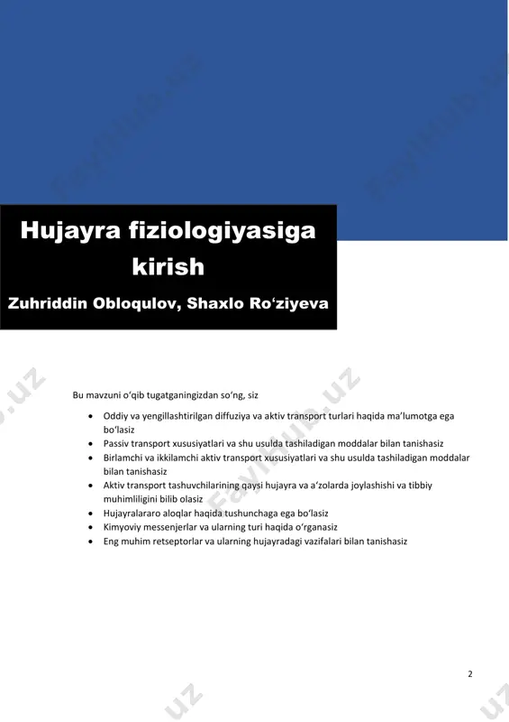 iklar yoki membrana molekulalari orasida hosil boʻlgan bo‘shliqlar orqali o‘tadi. bunda diffuziyalanish tezligi moddaning kinetik harakati tezligiga ( kinetik harakat tezligi esa modda konsentratsiyasi bilan bog‘liq), teshiklarning soni va o‘lchamiga bog‘liq. hujayra membranasi orqali oddiy diffuziya sodir bo‘lishining 2 xil ko‘rinishi bor: 1) agar modda yog‘da erisa, qo‘shqavat lipid membrana molekulalari orasidagi bo‘shliqlar orqali osongina o‘tishi mumkin. 2) agar modda yog‘da erimasa, aksincha suvda erisa uni membrana orqali o‘tkazish uchun ichi suv bilan to‘lgan oqsil kanallari kerak bo‘ladi. yog‘da eriydigan moddalarning lipidli qo‘shqavat orqali oddiy diffuziyasi shakl 1. hujayra ichidagi va tashqarisidagi moddalar miqdori. qalin chiziq hujayra membranasini aks ettirgan. ? belgilarining hujayra ichidagi aniq miqdori nomaʼlum 4 moddalarning lipidli qo‘shqavat orqali diffuziyalanish tezligini belgilab beruvchi eng muhim omillardan biri bu ularning yog‘da eruvchanligidir. masalan, o2, n2, co2 yog‘da yaxshi eriydi. shuning uchun ham ular lipidli membrana orqali yaxshi diffuziyalanadi. ko‘rinib turibdiki, bu moddalarning diffuziyalanishi yog‘da eruvchanligi bilan proporsionaldir. ushbu …