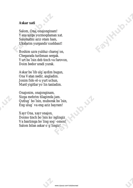 n beshigi. navoiylar ajdoding, buxoriylar ajdoding. yurt uchun jonin tikkan fidoyilar ajdoding. www.ziyouz.com kutubxonasi elim, degan o`zgaydir, o`zim, degan to`zgaydir. yulduzlarni ko`zlagan yulduz qadar o`sgaydir. birlashadi bo`lar el, qo`lni qo`lga bergin, kel. vatan uchun yashaylik, shijoatdan bog`lab bel! o`rgan hunar, fan qilgil, fikringni chaman qilgil. tafakkurni charxlagil, ko`nglingni vatan qilgil. tu’roq osti ham boylik, tu’roq usti ham boylik. qadrin bilib ardoqla, quchog`ingda jam boylik. oshno bilgil mehnatni, dushman tutgil g`aflatni. ona deb bil vatanni, ota deb bil millatni. zamonning shiddatin ko`r, g`ofilning qismatin ko`r. xalq bo`lib yeng shimargan insonning izzatin ko`r. qurgin, yaratgin, yurtdosh, yog`du taratgin, yurtdosh. o`zin tanigan elga yordir yaratgan, yurtdosh. kelbatingda viqor bor, g`urur va iftixor bor. ishonch bor senga do`stim, eng oliy e’tibor bor. www.ziyouz.com kutubxonasi elman degan, el bo`lar, erman degan, yer bo`lar. g`oliblikni istagan birlashadi, bir bo`lar. yurtimiz ozod, do`stim, ozod-u obod, do`stim. imkonimiz bor ekan, bog`laylik qanot, do`stim. oylar aylanar shitob, bir lahza …