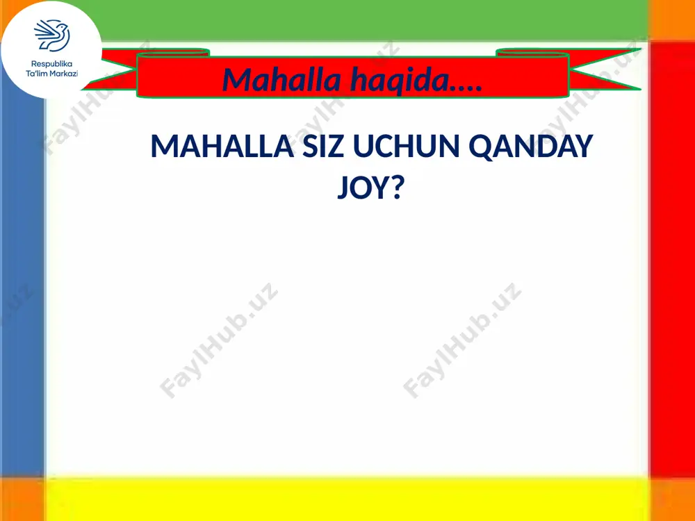 atlar bilan ham bog‘liqdir. siz ham mahallada yashaysizmi ? oila davrasida 1. nima sababdan mahallaga “qadriyatlar beshigi” deb ta’rif berilganligi haqida o‘z fikringizni ayting. 2. “bir farzandning tarbiyasi uchun yetti mahalla mas’ul” degan hikmatning ma’nosini oilangizdagi kattalardan so'rang. keyingi darsda ko‘rishguncha… image1.png image2.png image3.png image4.png image5.png image6.png image7.png image8.jpeg image9.png image10.jpeg image11.jpeg image12.png image13.png
