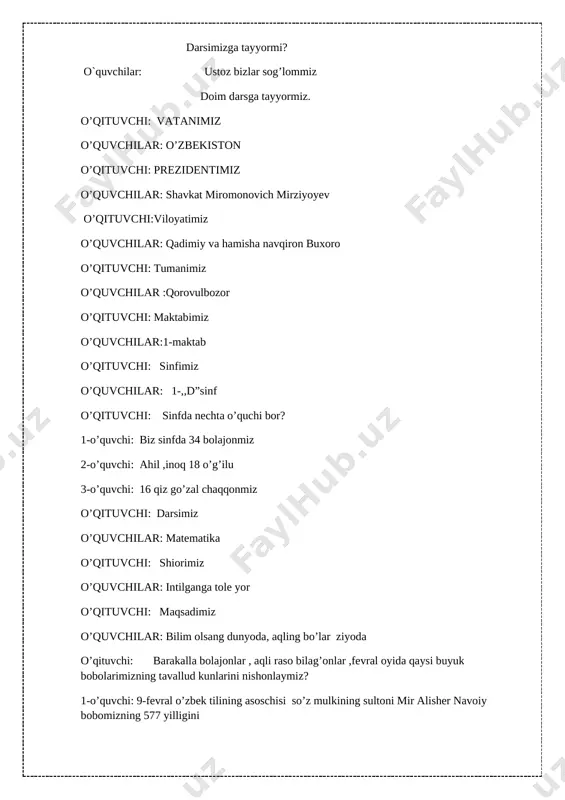 inoq 18 o’g’ilu 3-o’quvchi: 16 qiz go’zal chaqqonmiz o’qituvchi: darsimiz o’quvchilar: matematika o’qituvchi: shiorimiz o’quvchilar: intilganga tole yor o’qituvchi: maqsadimiz o’quvchilar: bilim olsang dunyoda, aqling bo’lar ziyoda o’qituvchi: barakalla bolajonlar , aqli raso bilag’onlar ,fevral oyida qaysi buyuk bobolarimizning tavallud kunlarini nishonlaymiz? 1-o’quvchi: 9-fevral o’zbek tilining asoschisi so’z mulkining sultoni mir alisher navoiy bobomizning 577 yilligini 2-o’quvchi: 14-fevralda esa shoh va shoir bobomiz zahiriddin muhammad boburnining 535 yilligini nishonlaymiz. o’qituvchi: juda ham to’g’ri bolajonlar..qani navoiy va bobur ruboiylaridan ham bilasizlarmi? o’quvchilar navoiy va bobur ruboiylaridan aytadilarlar o’qituvchi: ofarin bolajonlar, ruboiylarni chiroyli va ifodali o’qidingiz. navoiy bobongizning hikmatli so’zlaridan ham bilasizmi? hikmatli so’zlar yoddan aytiladi. o’qituvchi: barakalla o’quvchilar aziz o‘quvchilar darsni boshlashdan oldin darsimizning oltin qoidalarini eslatib o’taman. bular: 1. intizom 2. ahillik 3. faollik 4. aniqlik 5. o‘ng qo‘l qoidasi 6.boshqalar fikrini hurmat qilish (slayd orqali ham namoyish etiladi) .qani o’tgan matematika darsida qaysi mavzu bilan tanishgan edik .uyga qanday …