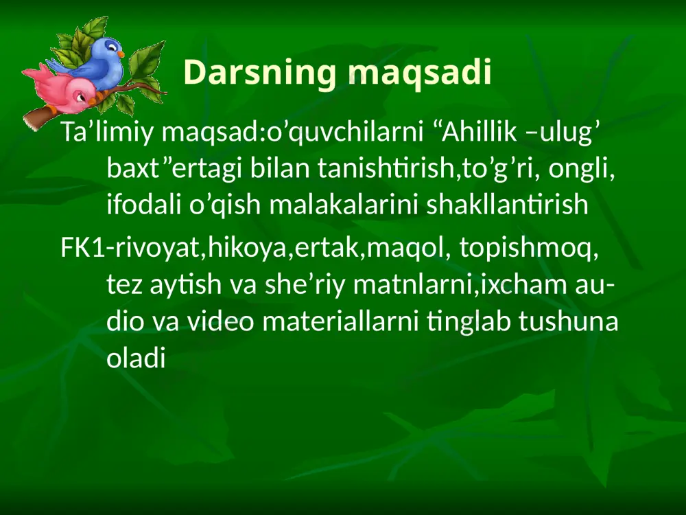 tar ekan. kattalari kichiklarini do’pposlab, kishiklari kattalariga qarshi bo’lib yurar ekan. odamlar: - aqlli cholning o’g’illari ho’p ahmoq bo’lib o’syaptida-deyisharkan. o’g’illarni yolg’iz uchratganda ularga tanbeh berisharkan. kunlardan bir kun chol o’rmonga boribdi-da, yo’g’onligi bosh barmoqday keladigan novdalardan yettitasini qirqib kelibdi. so’ng o’g’illarini chaqirib: - bolajonlarim, sizlarning kuchingizni sinab ko’rmoqchiman. mana shu yettita novdani bir dasta qilib sindiringlar-chi - debdi. o’g’illari navbat bilan urinib ko’rishibdi, lekin uddasidan chiqisha olmabdi. so’ngra otasi o’g’illariga bittadan novda beribdi, o’g’illari ularni bir zumda sindirishibdi. shundan keyin ota o’g’illariga: - mana, ko’rdingizmi, bitta novdani tez sindirdingiz, dastalanganiga esa kuchingiz yetmadi. agar birlashib,ahil yashasangiz, hech qanday dushman sizlani yenga olmaydi, - debdi. chol oradan sal o’tmay olamdan o’tibdi. o’g’illari esa inoq yashay boshlashibdi. kichiklari kattalarining so’ziga quloq soladigan, hammalari ishlab, bir-birlariga ko’maklashadigan bo’lishibdi. shundan keyin xalq “ahillik – ulug’ baxt” naqlini tez-tez takrorlaydigan bo’libdi. lug’at ishi donishmand-(olim,bilimli,dono)mavjud ilmu hikmatlarni egallagan,ba’zi voqea-hodisalar haqida oldindan bashorat qila oladigan bilimdon, …