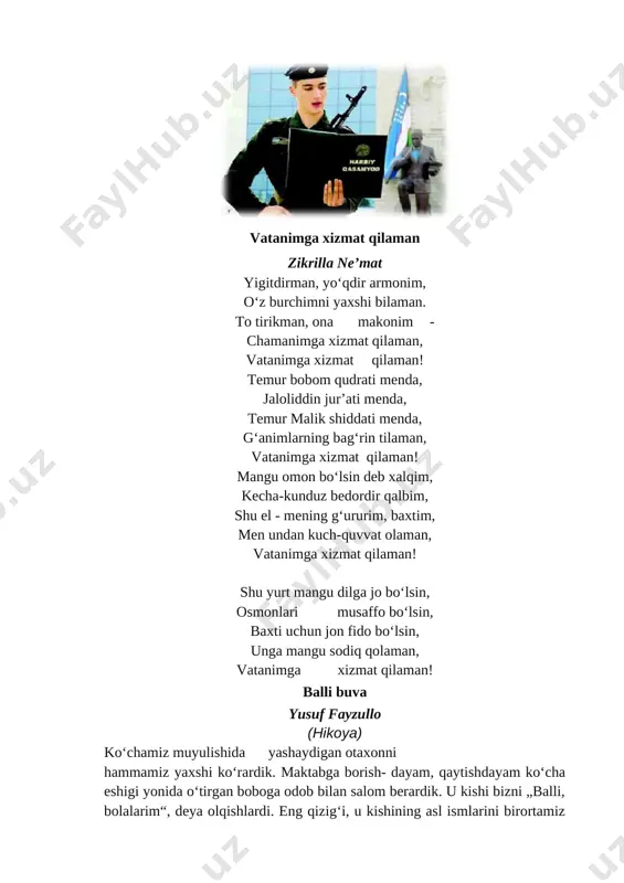 jo bo‘lsin, osmonlari musaffo bo‘lsin, baxti uchun jon fido bo‘lsin, unga mangu sodiq qolaman, vatanimga xizmat qilaman! balli buva yusuf fayzullo (hikoya) ko‘chamiz muyulishida yashaydigan otaxonni hammamiz yaxshi ko‘rardik. maktabga borish- dayam, qaytishdayam ko‘cha eshigi yonida o‘tirgan boboga odob bilan salom berardik. u kishi bizni „balli, bolalarim“, deya olqishlardi. eng qizig‘i, u kishining asl ismlarini birortamiz bilmasdik, „balli buva“ derdik. goho katta yoshlilar „polvon ota“ deya murojaat qilishganini eshitib, hayron qolardim: jussasi kichkinagina bu odamning nimasi polvon ekan?keyinchalik, „balli buva“ haqida onam bir voqeani so‘zlab bergan edilar. u paytlar uyimizdan sal narida ekinzor da- lalar bo‘lgan ekan. urush vaqtida yosh-u qari ertadan kechgacha daladan chiqishmagan ekan. ikkinchi jahon urushi yillarida „balli buva“ning urushga ketgan ikkala o‘g‘illaridan ham birin- ketin „bedarak yo‘qoldi“, degan mudhish xabar kelibdi. o‘z yog‘iga qovrilib yotgan ota-onasini kuydirib, kenja o‘g‘il ham frontga jo‘nabdi. undan ora-sira kelib turgan maktublar ota- onaning yagona quvonchi ekan. o‘sha yili bug‘doy o‘rimi …
