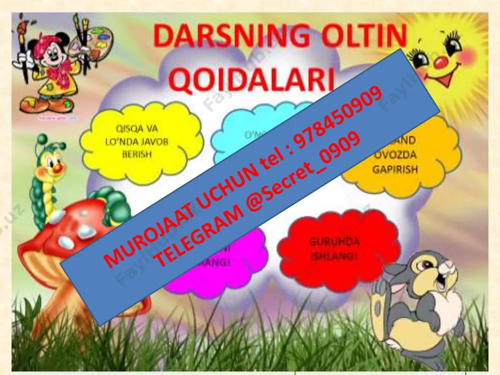 ini hisoblay oladi; fk -2.o‘rganilgan matematik tushunchalar, faktlar va algoritmlarni o‘quv va kundalik vaziyatlarda qo‘llay oladi va yangi bilimlar hosil qila oladi; dars turi: yangi tushuncha berish.metodi: aqliy hujum , mustaqil ish. jihozi: mavzuga oid ko’rgazma, tarqatmalar, test savollari. darsning borishi. i tashkiliy qism.a) salomlashish, davomotni aniqlash, tozalikni tekshirish b) ma’naviyat daqiqasi kun yangiligi ii. o’tgan mavzuni so’rash va mustahkamlash. nazorat:uy vazifasini tekshirish, og’zaki so’rov, misol va masalalar yechish. baholash:uy vazifasining bajarilishi, mustaqil misollar bajarishiga qarab rag’batlantiriladi. iii yangi mavzu bayoni; tashkiliy qism o’quvchilar o’tilgan mavzu bo’yicha guruhlarga ajratilib savol javob qilinadi. i – guruh “bilimdonlar” ii – guruh “zukkolar ” tezkor savol javoblar uyga vazifa • . baholash mezonlari. “ etiboringiz uchun raxmat