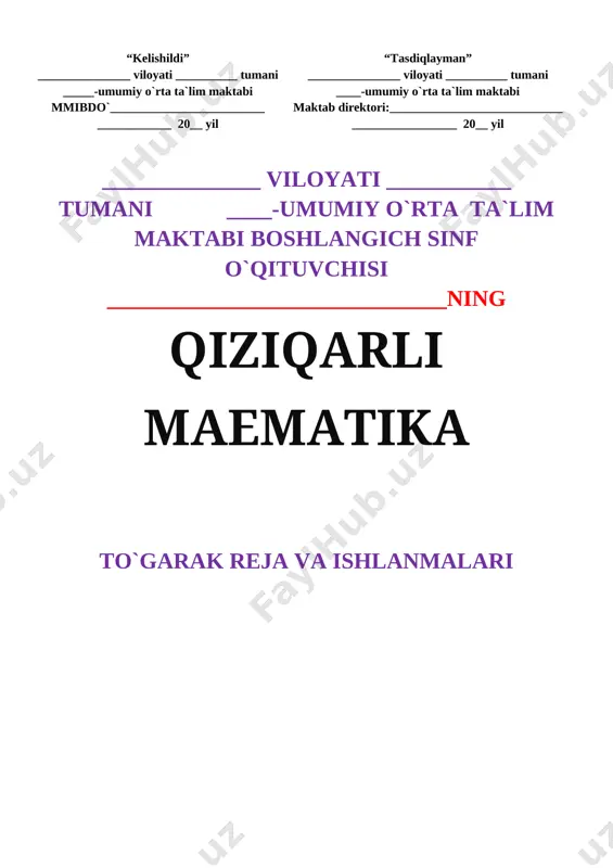 a bo‘lish 1 23. doirani teng bo‘laklarga bo‘lish 1 24. ko‘pburchaklarni teng bo‘laklarga bo‘lish 1 25. to‘rt xonali sonlarni raqamlash 1 26. to‘rt xonali sonlarnitaqqoslash 1 27. matematika tarixidan qiziqarli ma’lumotlar 1 28. 10000 ichida qo‘shish va ayirish 1 29. pozitsion va nopozitsion sanoq sistemalari 30. rim raqamlari 31. 10000 ichida og‘zaki ko‘paytirish va bo‘lish. 32. 10000 ichida og‘zaki ko‘paytirish va bo‘lishnimustahkamlash 33. natijasida 10000 ichida yozma ko‘paytirish 34. 10000 ichida yozma bo‘lish. 35. uzunlik o‘lchov birliklari 36. uzunlik o‘lchov birliklari orasidagi munosabatlar 37. massa o‘lchov birliklari a+b va a-b ifodaning qiymatini topish 38. a · b ifodaning qiymatini topish 39. a : b ifodaning qiymatini topish 40. rost va yolg‘on mulohazalar 41. tengsizlik. katta emas va kichik emas belgilari (≤ ≥) 42. parallel to‘g‘ri chiziqlar 43. perpendikular to‘g‘ri chiziqlar 44. kasr tushunchasi 45. noto‘g‘ri kasrni aralash songa aylantirish 46. noto‘g‘ri kasrni aralash songa aylantirishnimustahkamlash 47. maxraji bir xil bo‘lgan …
