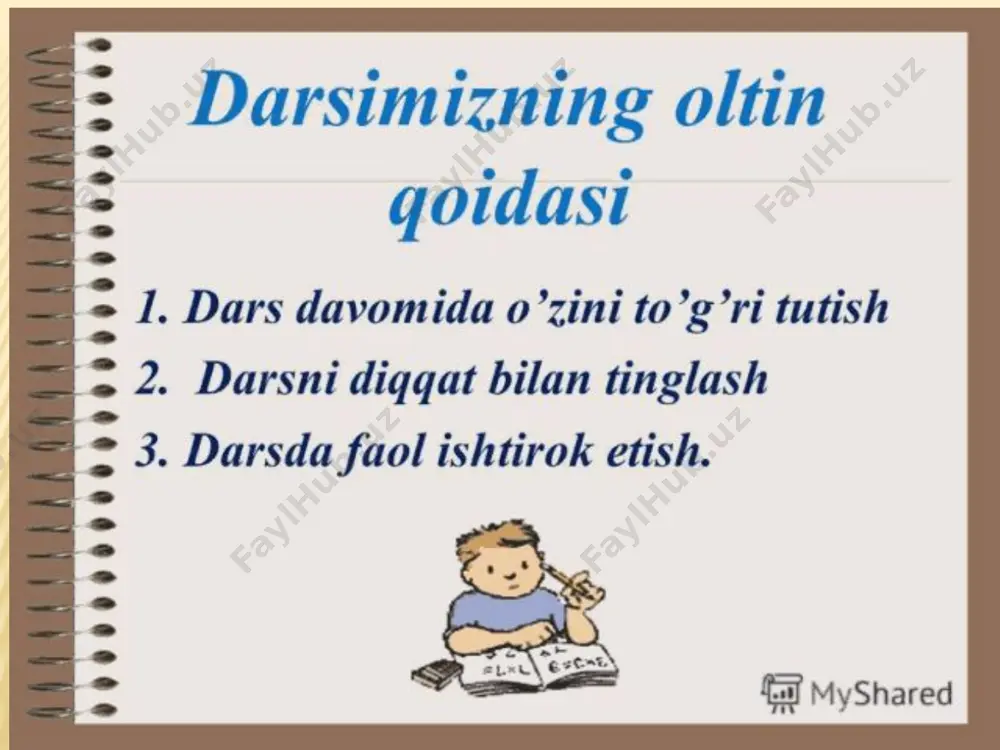 inishni va ov qilishni boshladi? -uning yigitlik paytlari qanday davrga to’g’ri keldi? lug’at ishi: * sohibqiron- amir temurning laqabi. * movarounnahr-geografik hudud.ma’nosi:”daryoning narigi tarafi. * kesh-hozirgi shahrisabz shahri. * naql- ibratli so’z. * madrasa-musulmonlarning o’rta va oliy o’quv yurti. * ustun bo’lib olmoq-barchadan o’zib ketdi ma’nosida qo’llanilgan. * mahorat-tajriba tajriba so’zining ma’nodoshi. mustahkamlash uchun mavzu yuzasidan krossvord. image3.jpeg image4.jpeg image5.jpeg image6.jpeg image7.jpeg image8.jpeg image9.jpeg image10.jpeg image11.jpeg image12.jpeg image13.jpeg image14.png image15.jpeg image16.jpeg image17.jpeg image18.jpeg image19.jpeg image20.jpeg image21.jpeg image22.jpeg image23.jpeg image24.jpeg