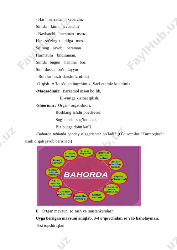 m.yusupov, s.rahmonbekova 2. qobil boboning nabiralarini ismi nima? a) shuhrat va shokir. b) shavkat va shuhrat d) shahlo va shuhrat 3. daryo suvini bahor toshirar, odam qadrini……….. ushbu maqolni davom ettiring a)yaxshilik b) do’stlik d) mehnat oshirar. 4.alisher navoiy qachon, qayerda tug`ilgan? a) 1441-yil 9-fevral, samarqand b) 1441-yil 12-fevral, buxoro d) 1441-yil 9-fevral, hirot. 5. zahiriddin muhammad bobur qayerda tug`ilgan? a) andijonda. b) samarqandda d) toshkentda “aql qayrog`i” mashqi (test akt orqali) iii. yangi mavzu bayoni. matn mazmunini o’qituvchi hikoya qilib beradi: do'stlar bir chamanzorda qarg'a, toshbaqa, ohu va sichqon do'st bo'lib yashar edi. ular atrofi qamish bilan o'ralgan joyga yig'ilishib suhbat qurishardi. bir- birlariga hikoyalar aytishar, sarguzashtlarini so'zlab berishar va shod-xurram kun kechirishar edi. bir kuni qarg'a, sichqon va toshbaqa, odatdagidek, qamish bilan o'ralgan joyga to'plandilar. lekin ohu kelmadi. xavotir olib, qarg'aga dedilar: — havoga uchib, atrofni qara. zora biror xabar keltirsang. qarg'a uchib borib, ko'p joylarni qaradi. nihoyat, …